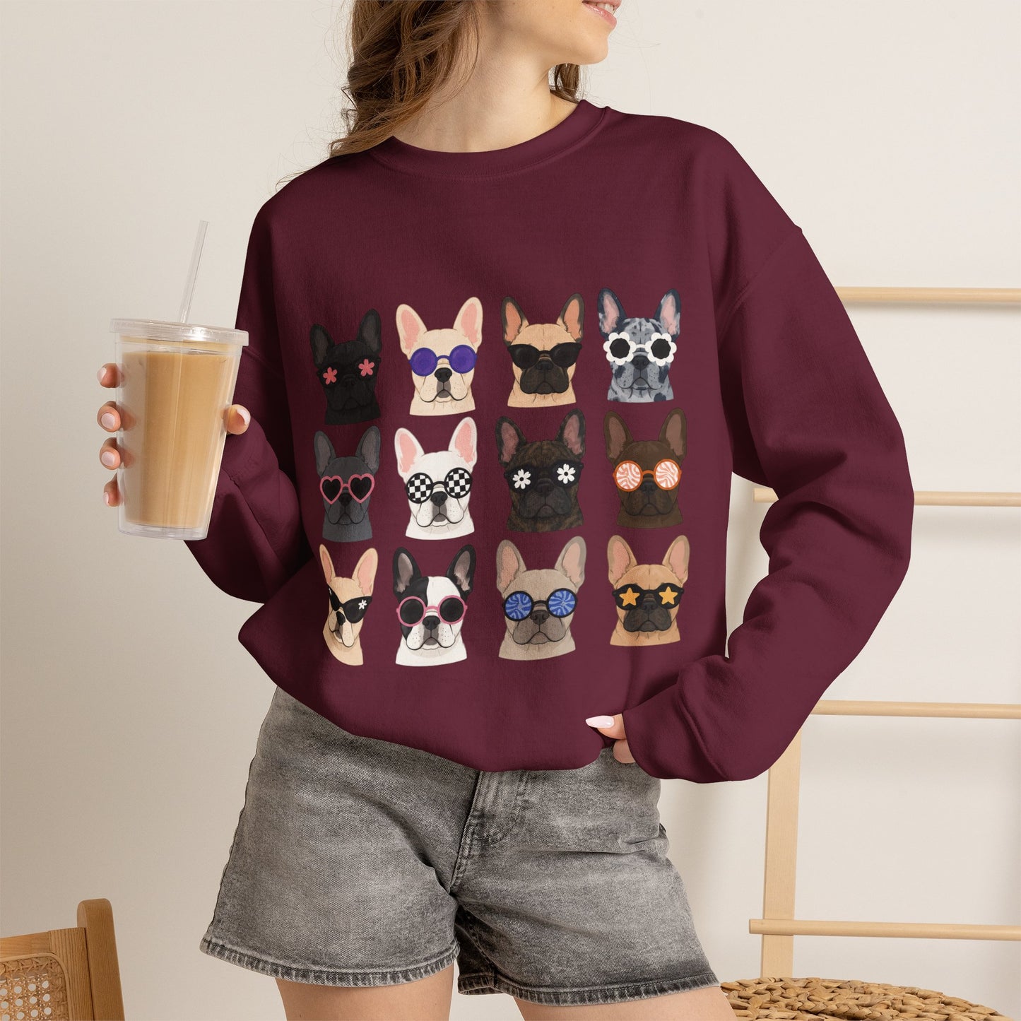 French Bulldog Faces Crewneck Sweatshirt – Cute Sunglasses Dogs Graphic