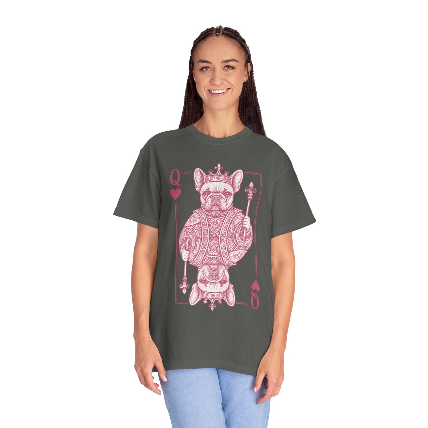 Queen of Hearts French Bulldog Shirt, Frenchie Queen Playing Card Tee, Dog Mom Gift, Cute French Bulldog Graphic Shirt, Royal Frenchie T-Shirt