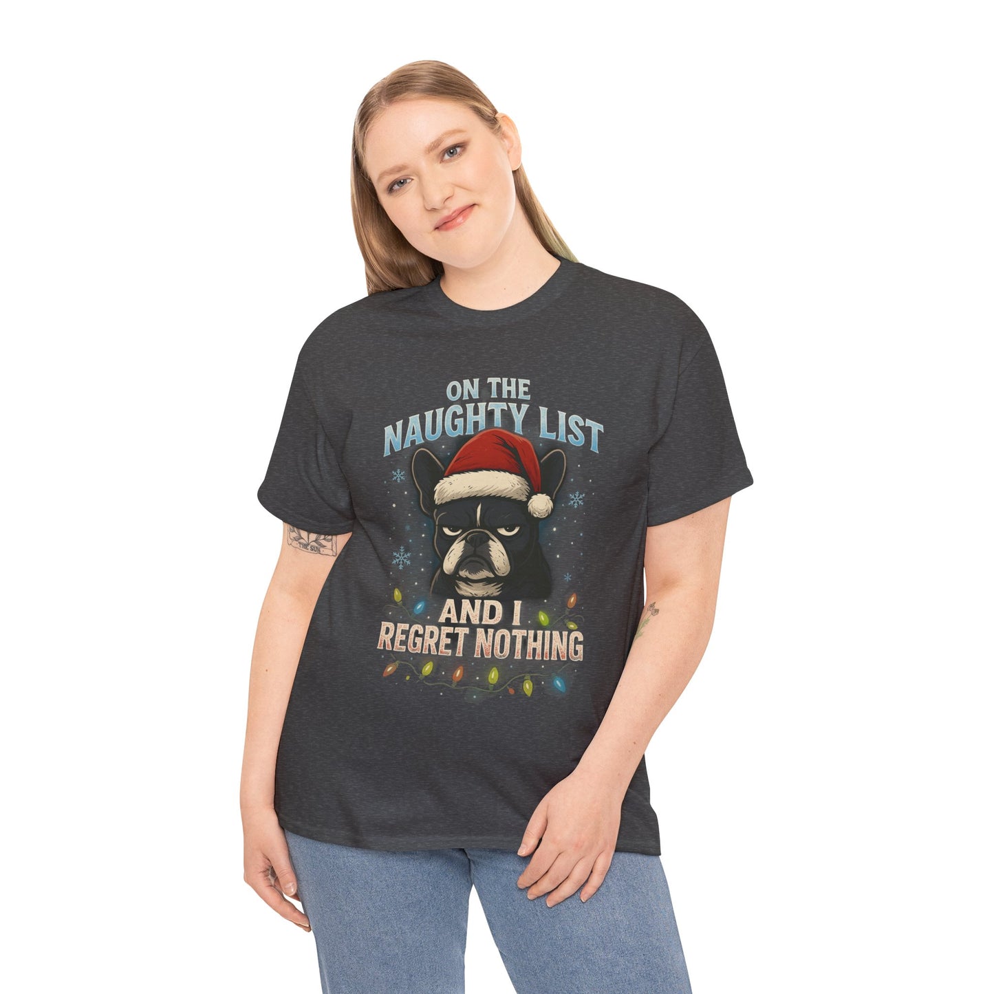 On The Naughty List Frenchie Christmas Shirt | Funny Holiday Dog Lover Tee | Grumpy French Bulldog Xmas Lights T-Shirt | Cute Pet Gift