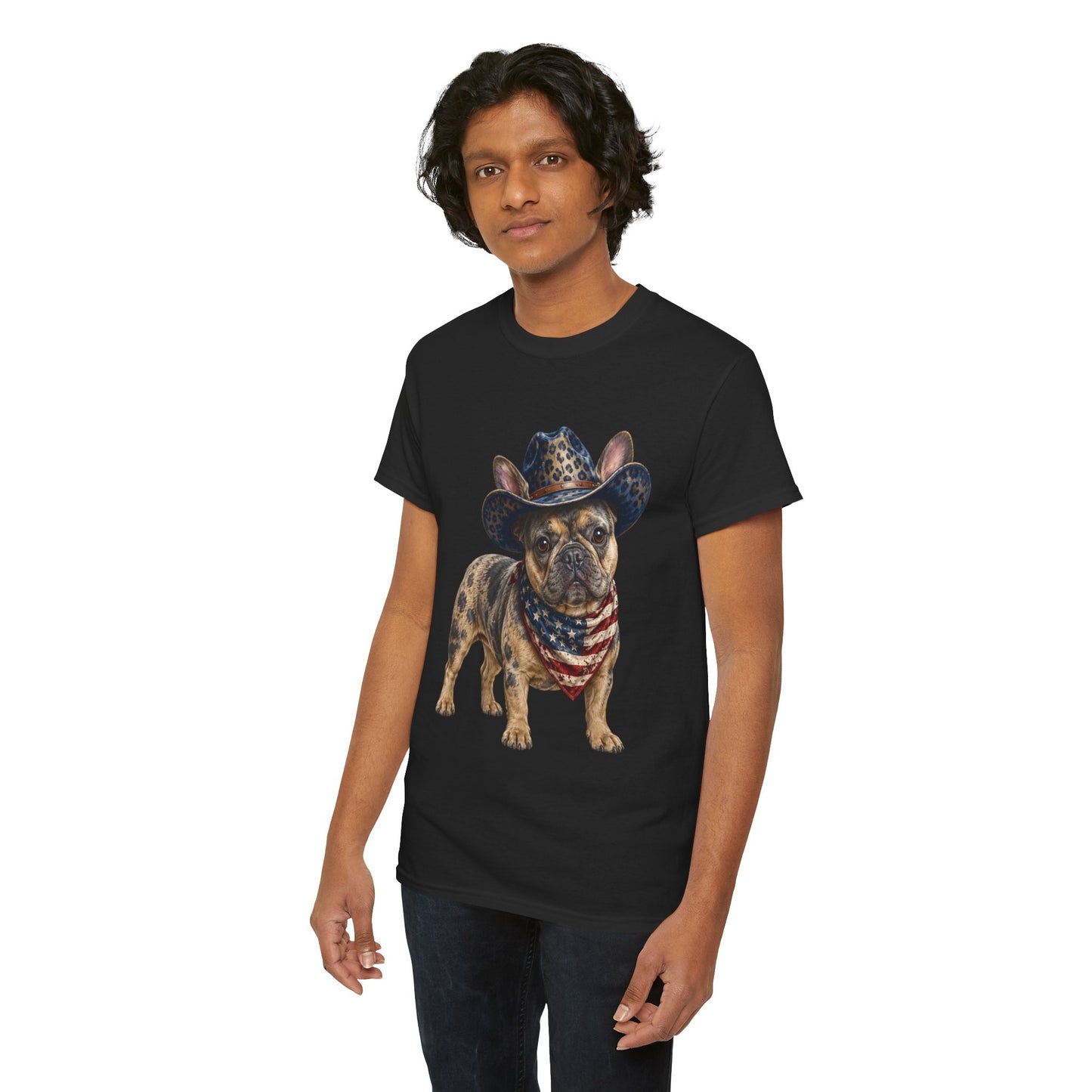 Patriotic Merle French Bulldog Shirt, Cowboy Frenchie Tee, American Flag Bandana Dog Shirt, Fourth of July French Bulldog Gift