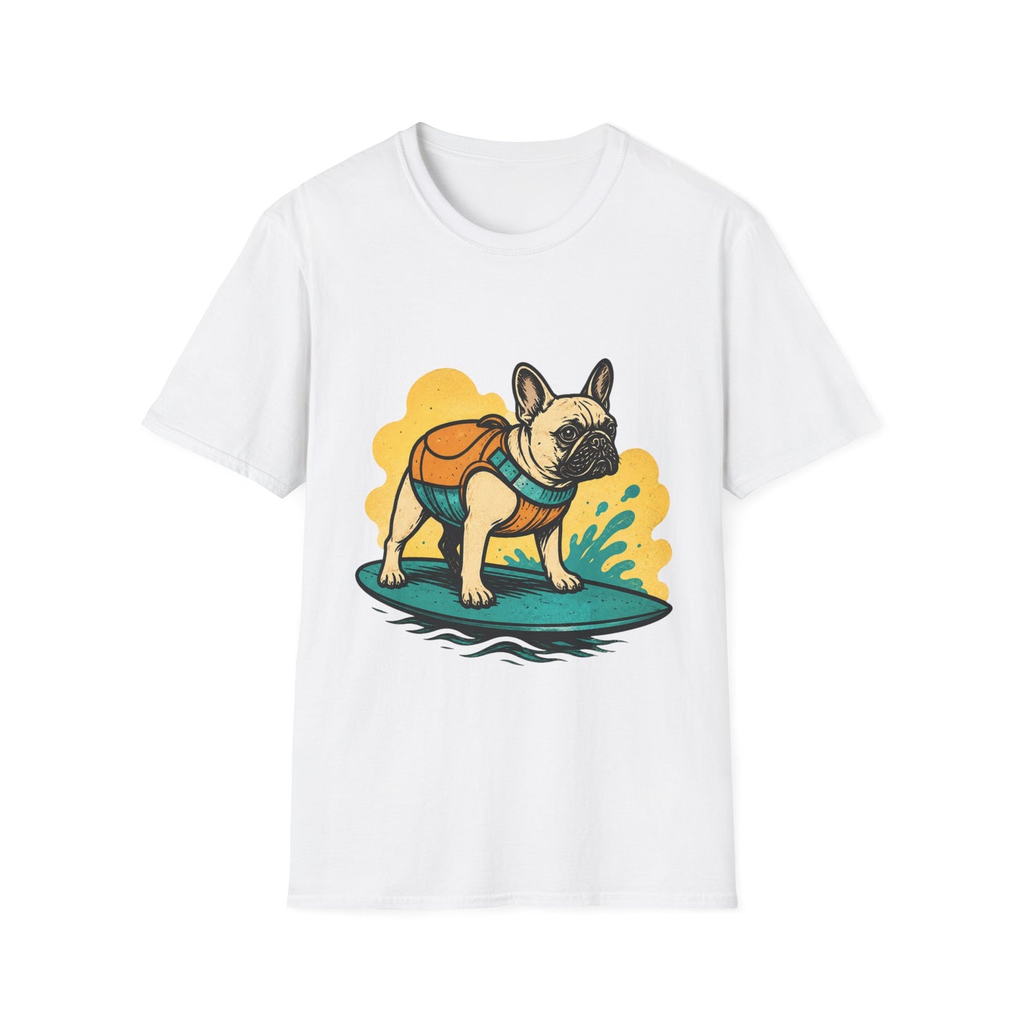 French Bulldog Surf T‑Shirt — Cute Dog with Backpack Beach Tee