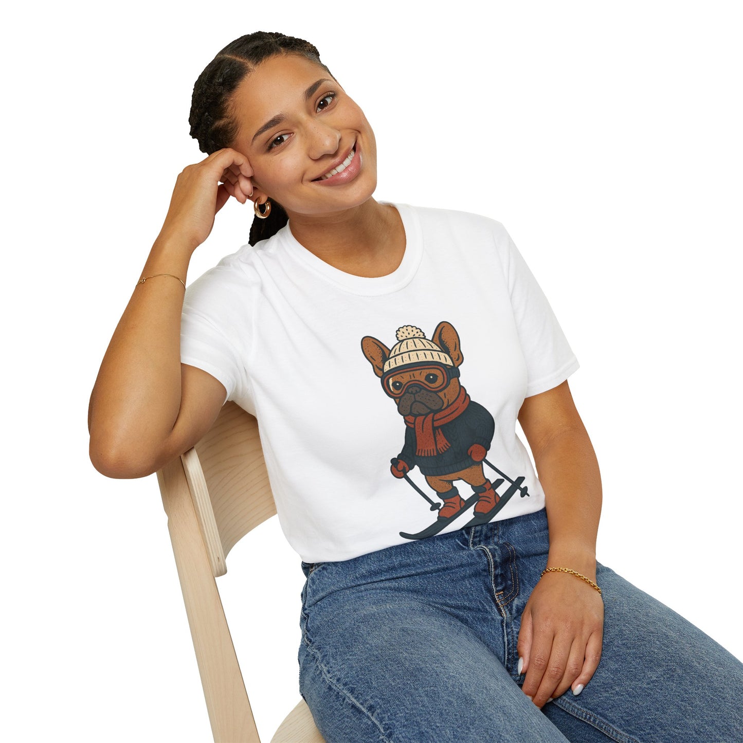 French Bulldog Skiing T-Shirt, Winter Frenchie Shirt, Ski Dog Graphic Tee, Cute Snow Dog Gift, Funny Frenchie Lover Shirt, Skiing Pup Tee