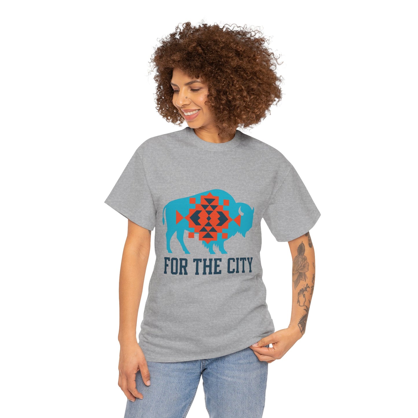 For The City Tribal Bison T-Shirt | Oklahoma Pride Tee | Blue & Orange Southwestern Bison Graphic | OKC Fan Inspired Shirt | Local Oklahoma Gift