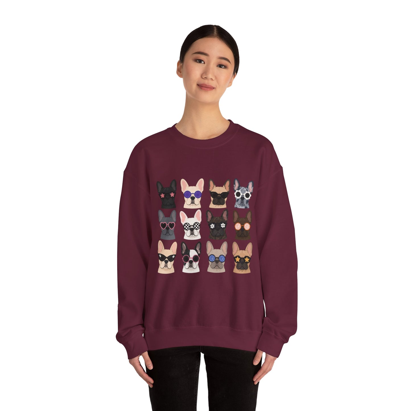 French Bulldog Faces Crewneck Sweatshirt – Cute Sunglasses Dogs Graphic