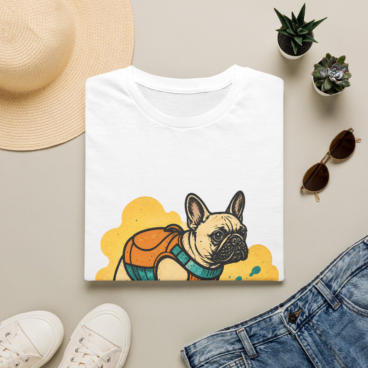 French Bulldog Surf T‑Shirt — Cute Dog with Backpack Beach Tee