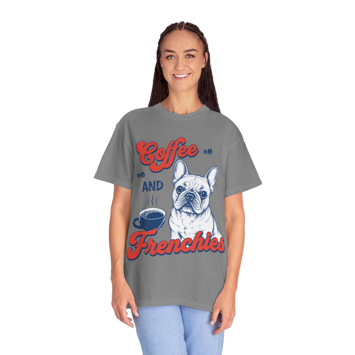 Coffee and Frenchies Shirt, French Bulldog Coffee Tee, Frenchie Lover T-Shirt, Dog Mom Coffee Shirt, Cute French Bulldog Graphic Tee, Coffee Lover Gift