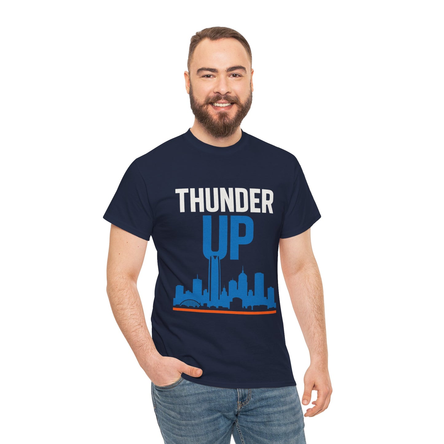 Thunder Up Oklahoma City Skyline Shirt – OKC Basketball Fan Tee, Blue & Orange City Skyline Graphic, Oklahoma Hoops Spirit Wear, Game Day T-Shirt