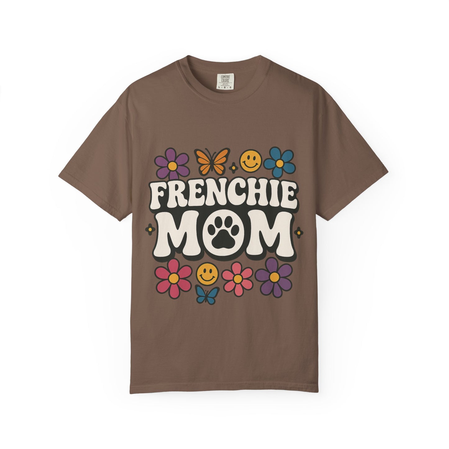 Frenchie Mom T-Shirt | Retro Groovy Dog Lover Tee | Smiley Flower French Bulldog Shirt | Cute Colorful Frenchie Gift for Her