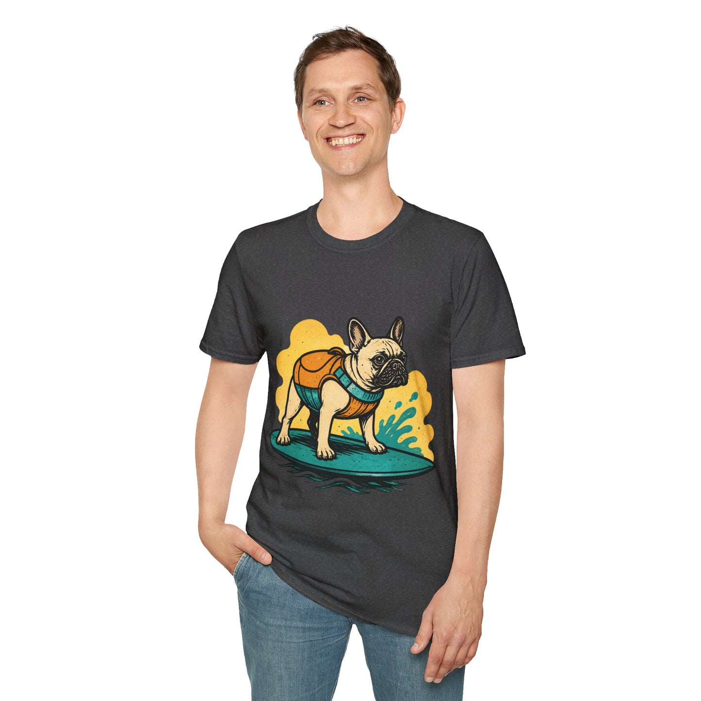 French Bulldog Surf T‑Shirt — Cute Dog with Backpack Beach Tee