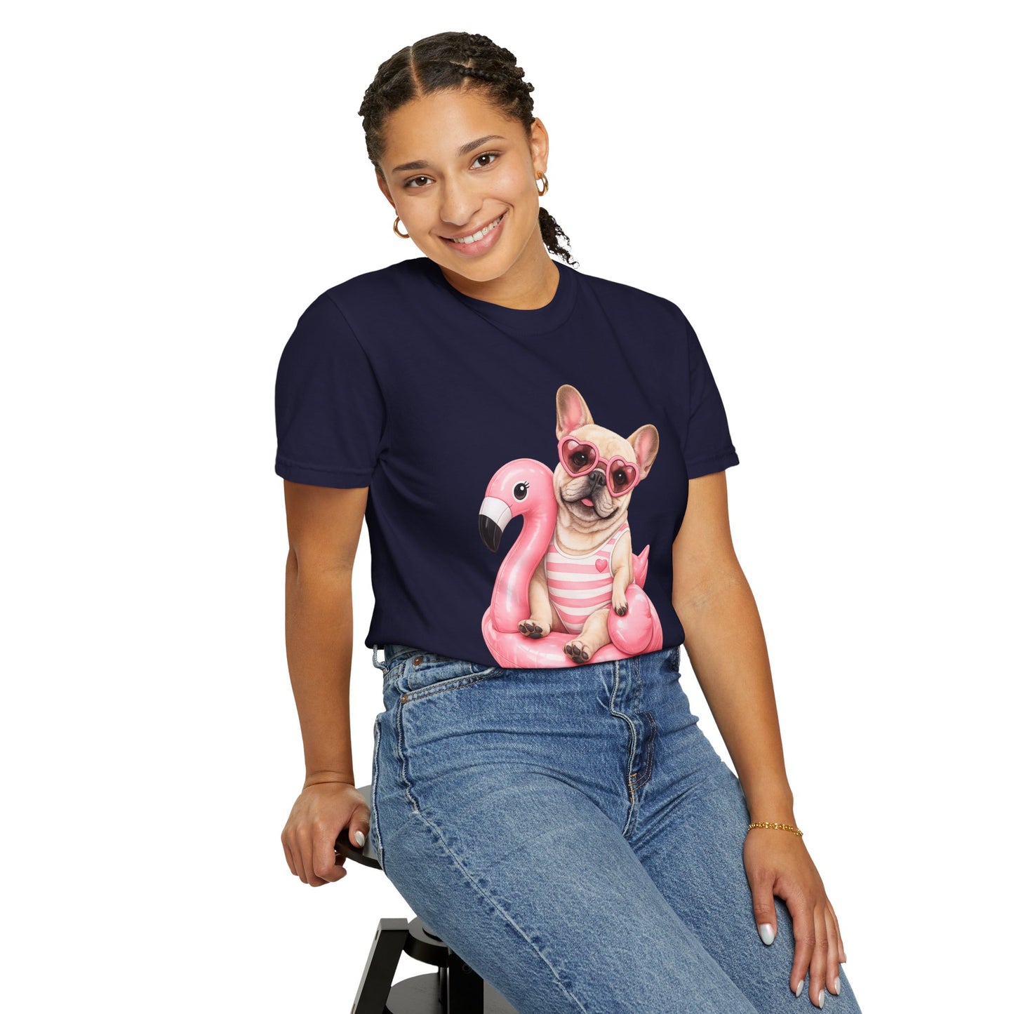 French Bulldog on Pink Flamingo Float T-Shirt — Cute Summer Dog Tee