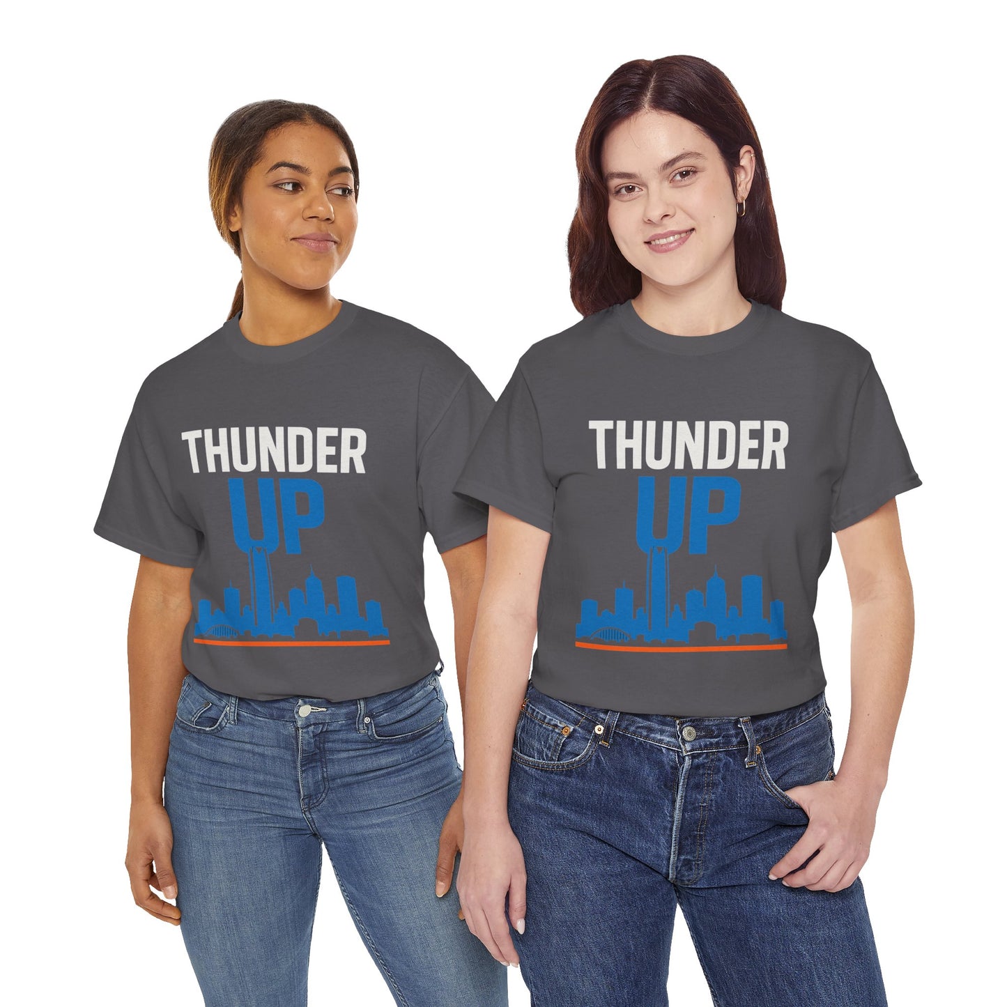 Thunder Up Oklahoma City Skyline Shirt – OKC Basketball Fan Tee, Blue & Orange City Skyline Graphic, Oklahoma Hoops Spirit Wear, Game Day T-Shirt