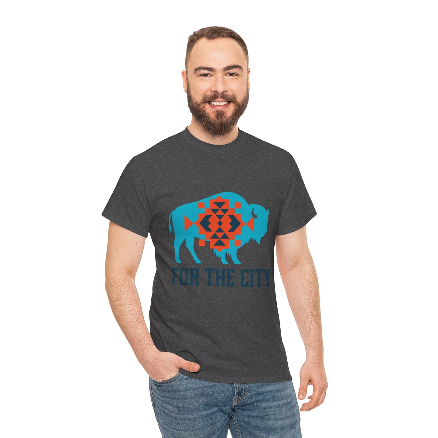 For The City Tribal Bison T-Shirt | Oklahoma Pride Tee | Blue & Orange Southwestern Bison Graphic | OKC Fan Inspired Shirt | Local Oklahoma Gift