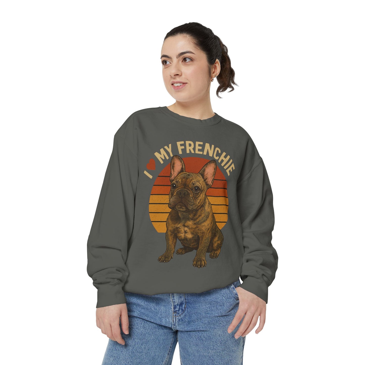 I Love My Frenchie Sweatshirt | Brindle French Bulldog Pullover | Retro Dog Lover Crewneck | Vintage Frenchie Mom & Dad Gift