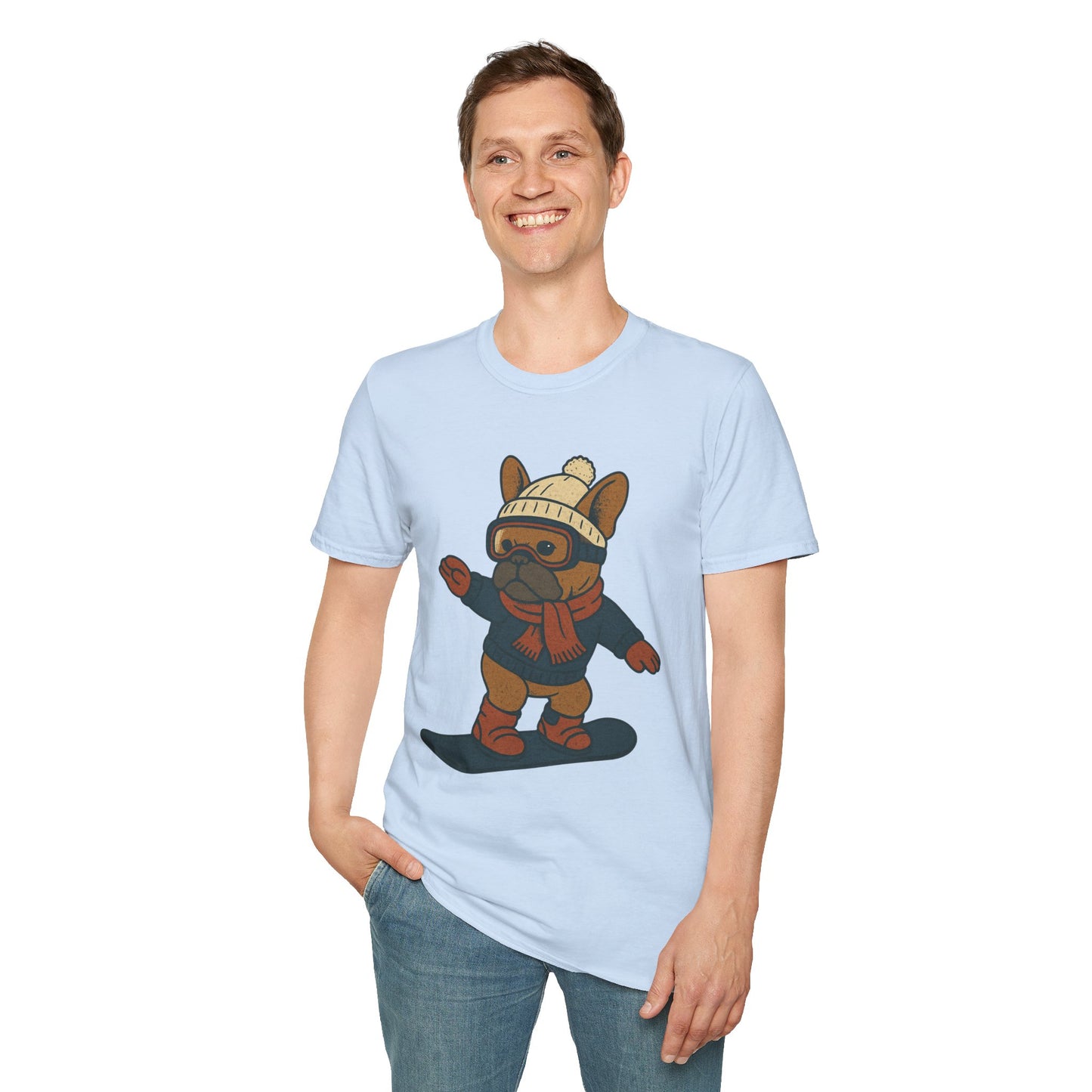 Snowboarding Frenchie T-Shirt | Cute Winter Dog Snowboard Tee | French Bulldog Snowboarder Shirt | Holiday Ski Resort Pup Graphic | Dog Lover Snow Sport Gift