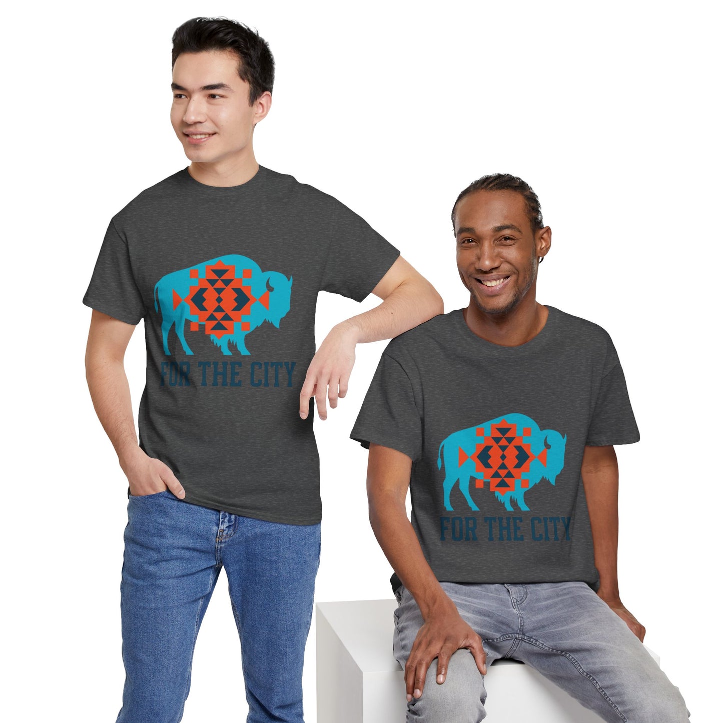For The City Tribal Bison T-Shirt | Oklahoma Pride Tee | Blue & Orange Southwestern Bison Graphic | OKC Fan Inspired Shirt | Local Oklahoma Gift