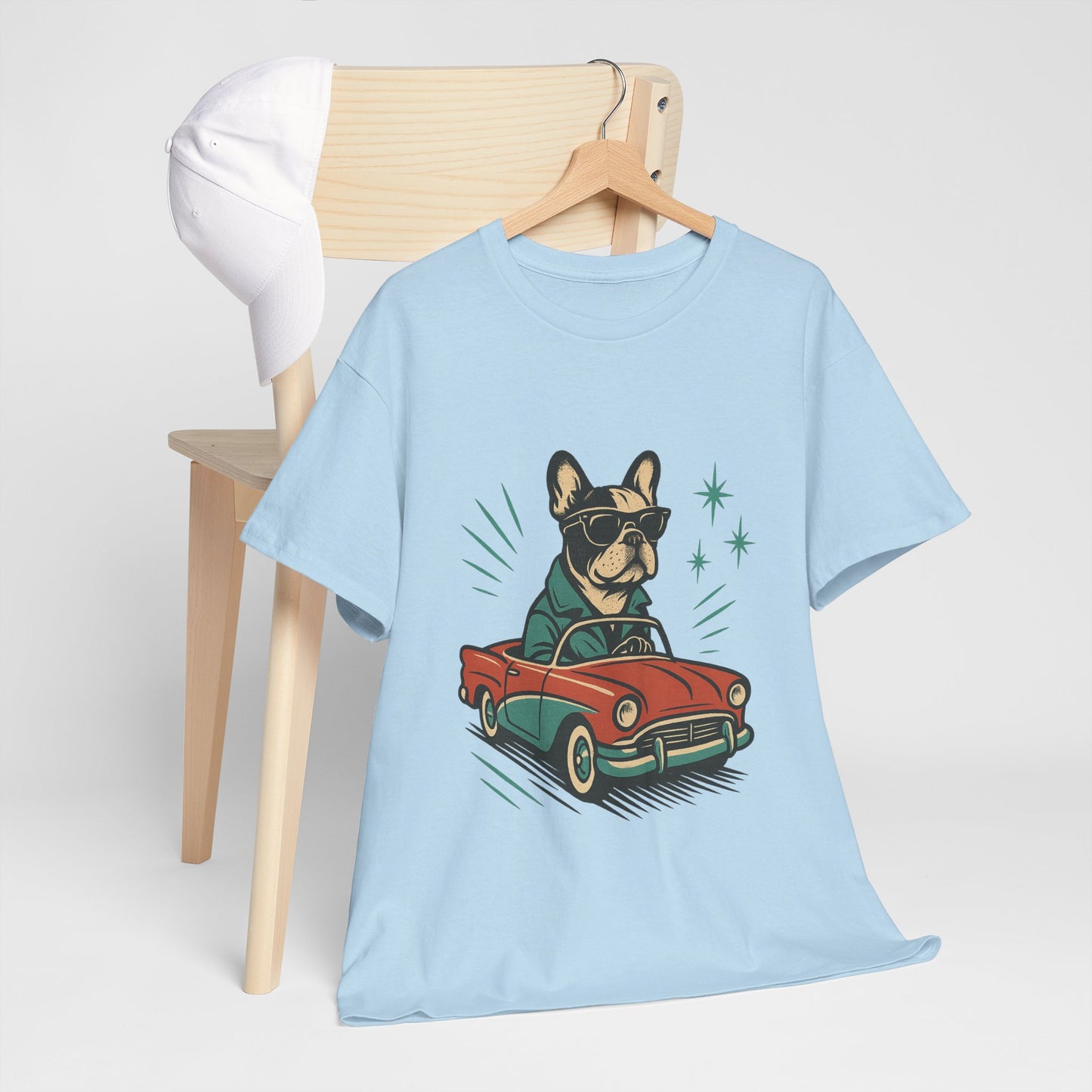 Rockabilly Frenchie T-Shirt | Retro French Bulldog Driving Tee | Vintage Car Dog Lover Shirt | Cool 50s Style Frenchie Graphic Tee