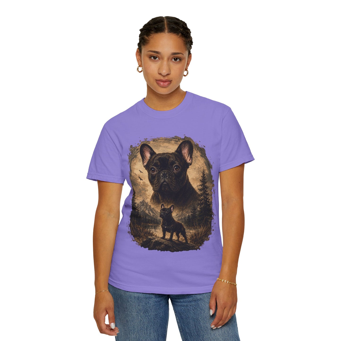 Black French Bulldog Shirt, Vintage Frenchie Nature Tee, Rustic French Bulldog Shirt, Dog Lover Gift, Frenchie Mountain Landscape Tee, Outdoors Dog Shirt, French Bulldog Art