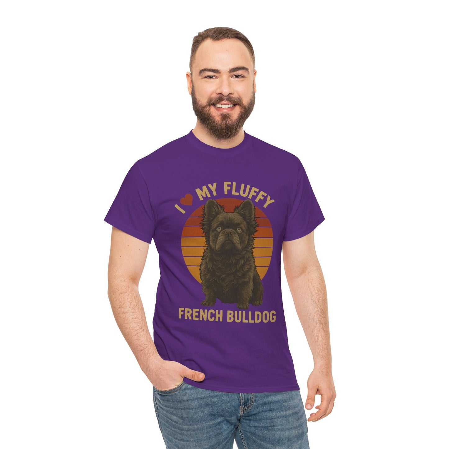 I Love My Fluffy French Bulldog Shirt – Cute Fluffy Frenchie Mom Tee – Retro Sunset Dog Lover Gift – Fluffy Frenchie Owner Present – Pet Parent T-Shirt