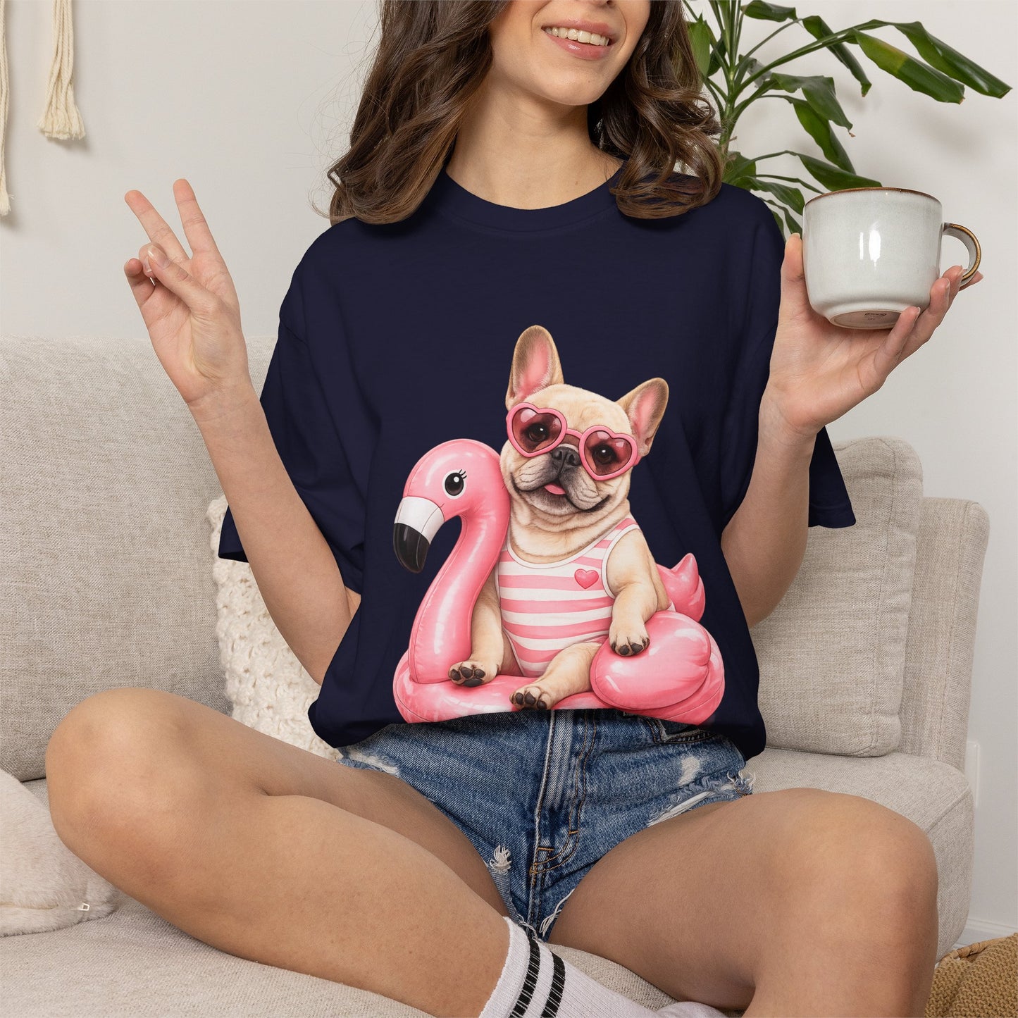 French Bulldog on Pink Flamingo Float T-Shirt — Cute Summer Dog Tee
