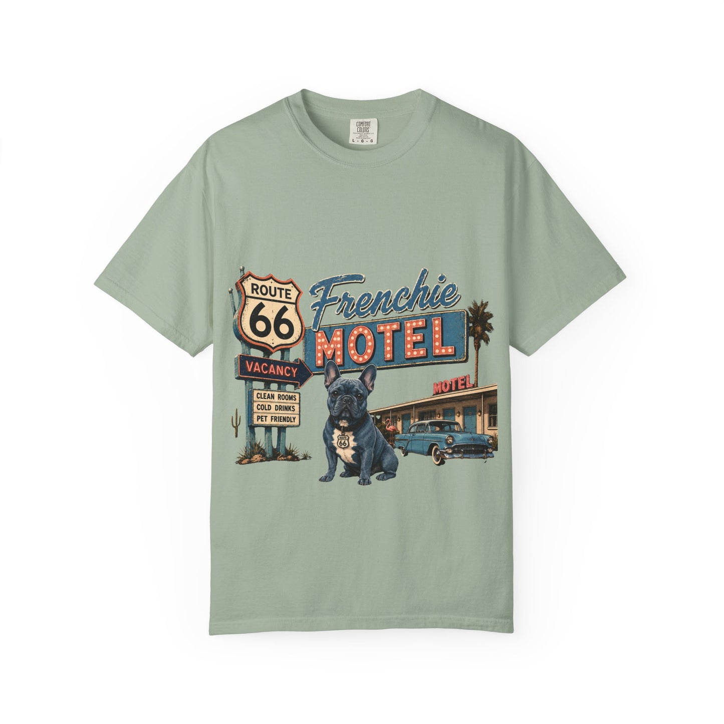 Route 66 Frenchie Motel Shirt, French Bulldog Retro Travel Tee, Vintage Road Trip Shirt, Dog Lover Graphic Tee, Route 66 Dog Shirt, Frenchie Motel T-Shirt, Retro Americana Gift