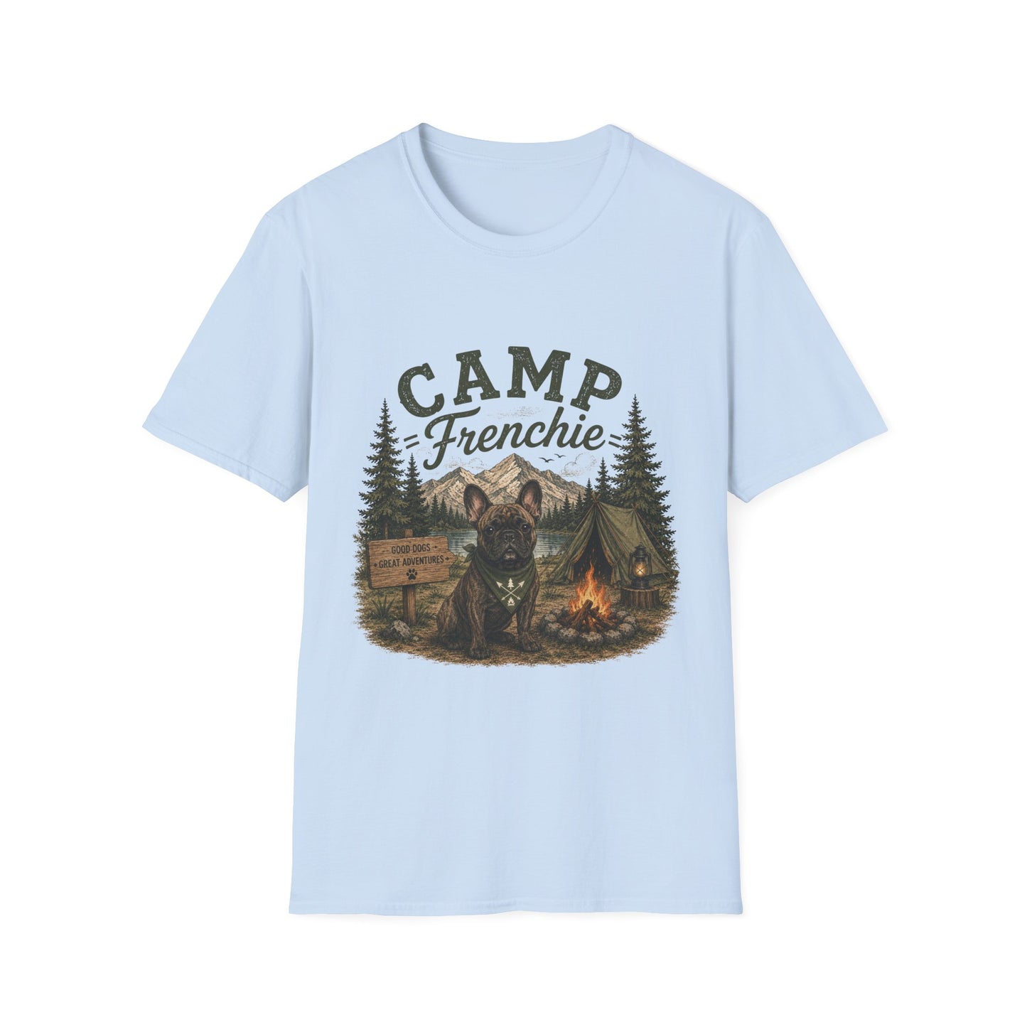 Camp Frenchie Shirt, French Bulldog Camping Shirt, Frenchie Outdoor Tee, Dog Camping Shirt, Adventure Dog Lover Gift, Campfire French Bulldog T-Shirt, Nature Graphic Tee
