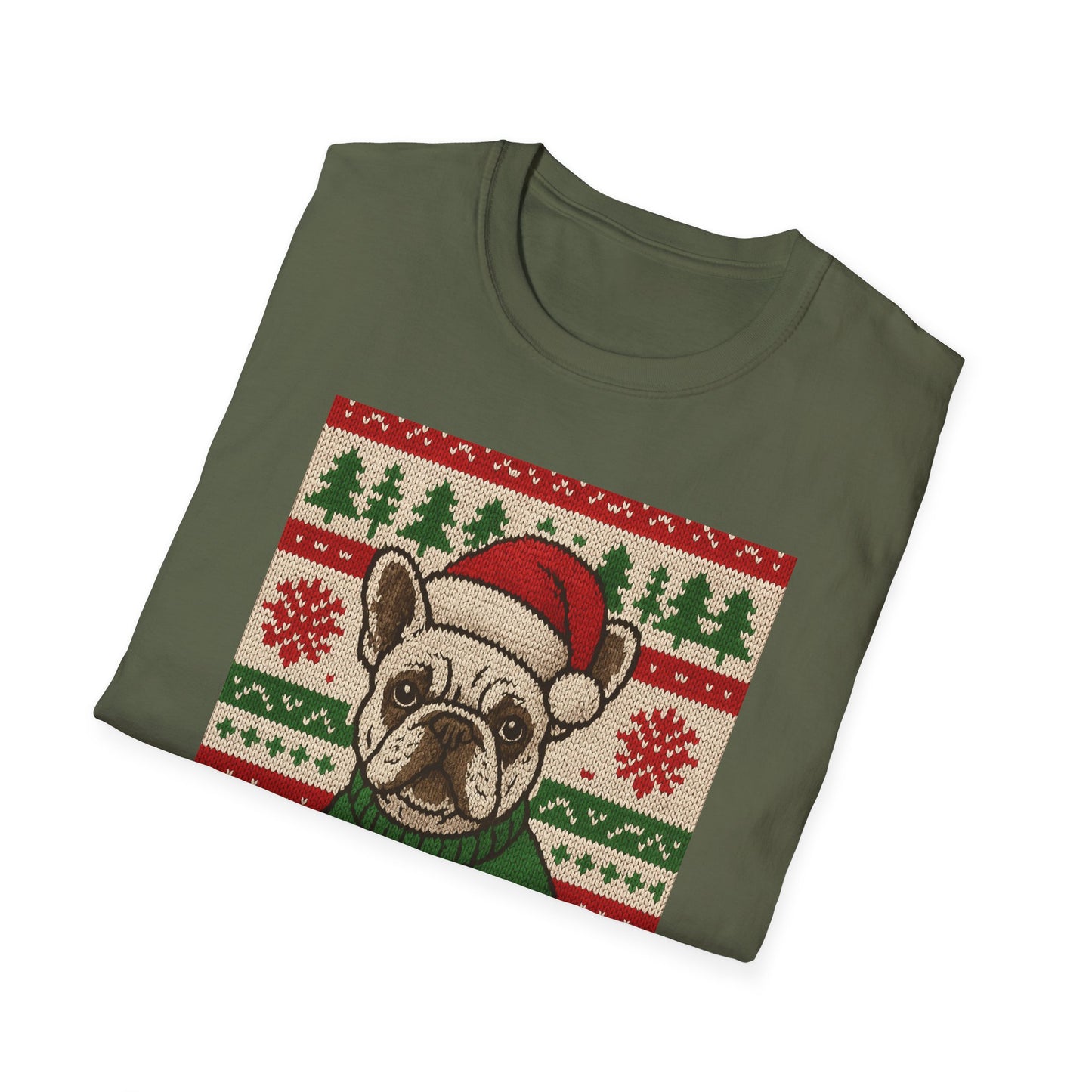 Frenchie Christmas T-Shirt – Cute French Bulldog Ugly Sweater Style Tee, Holiday Dog Lover Shirt, Funny Christmas Frenchie Gift