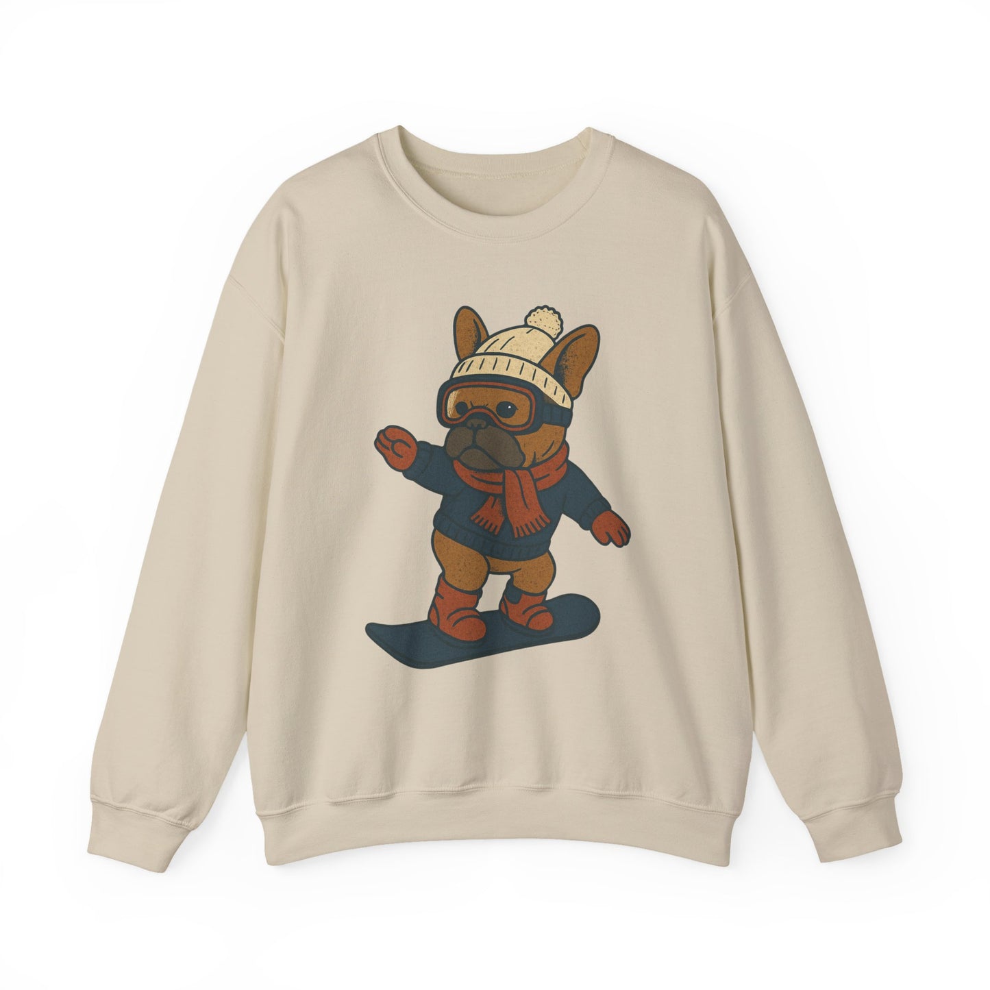 Snowboarding Frenchie Sweatshirt – Cute French Bulldog Winter Sweater, Snowboard Dog Pullover, Cozy Holiday Ski Dog Crewneck, Frenchie Lover Gift