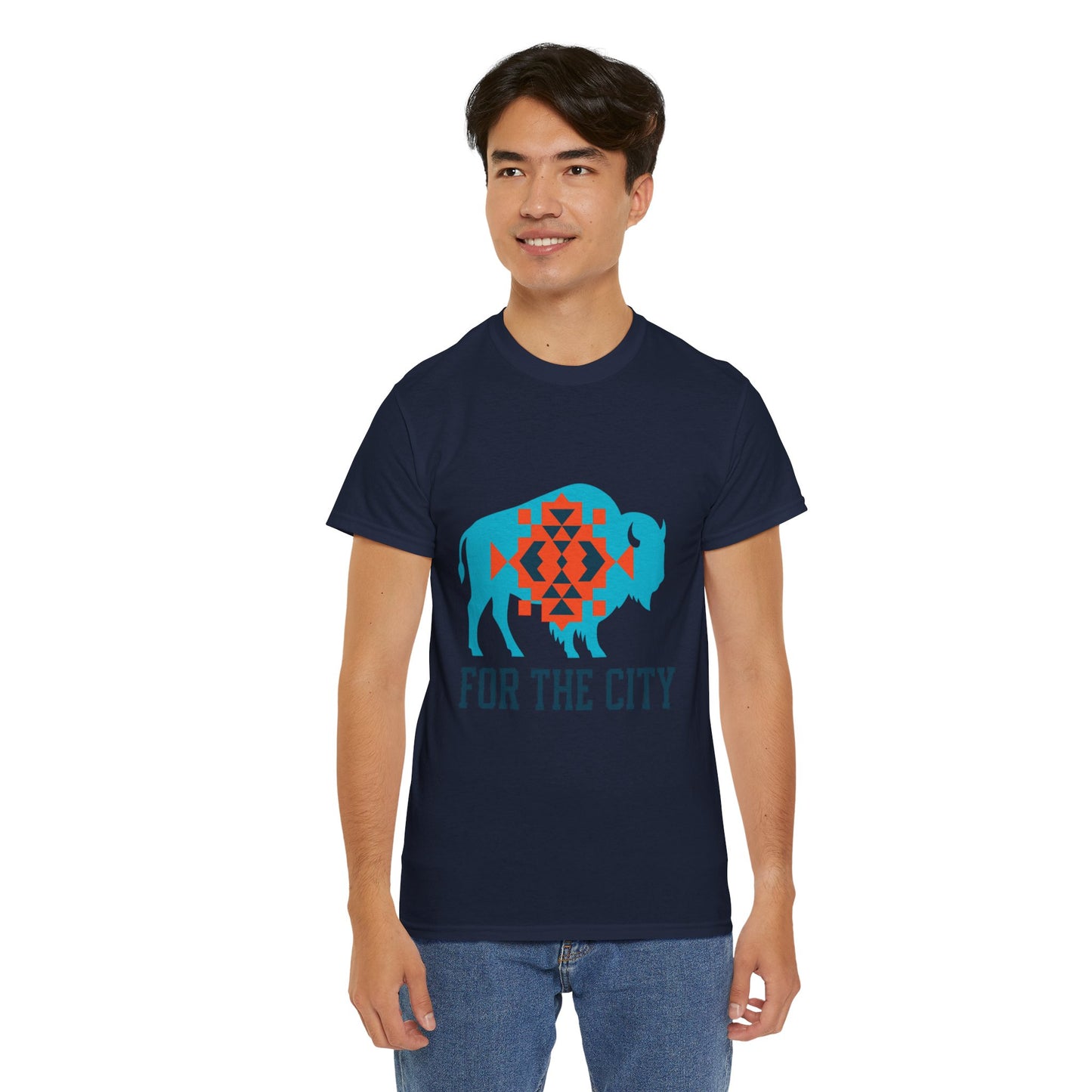 For The City Tribal Bison T-Shirt | Oklahoma Pride Tee | Blue & Orange Southwestern Bison Graphic | OKC Fan Inspired Shirt | Local Oklahoma Gift