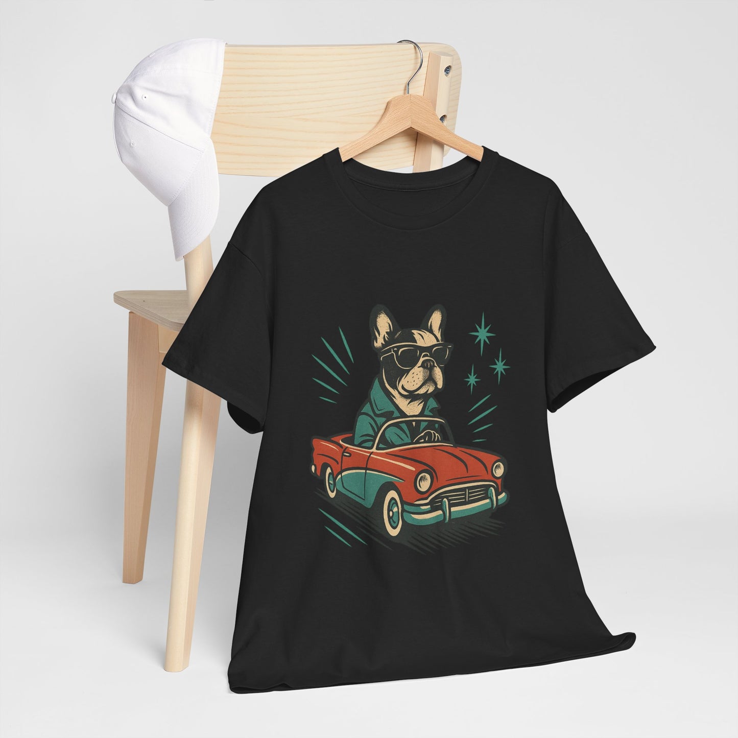 Rockabilly Frenchie T-Shirt | Retro French Bulldog Driving Tee | Vintage Car Dog Lover Shirt | Cool 50s Style Frenchie Graphic Tee