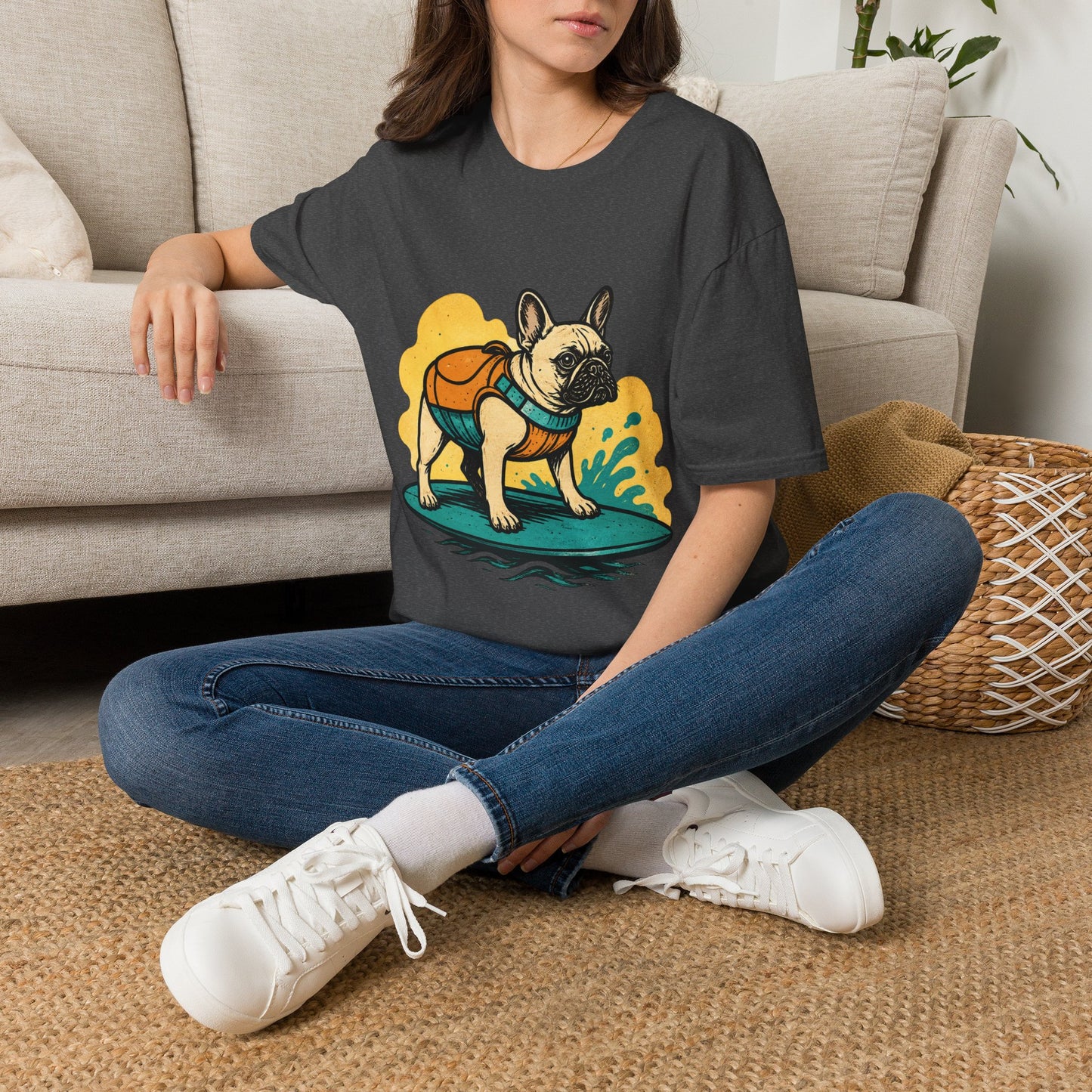 French Bulldog Surf T‑Shirt — Cute Dog with Backpack Beach Tee