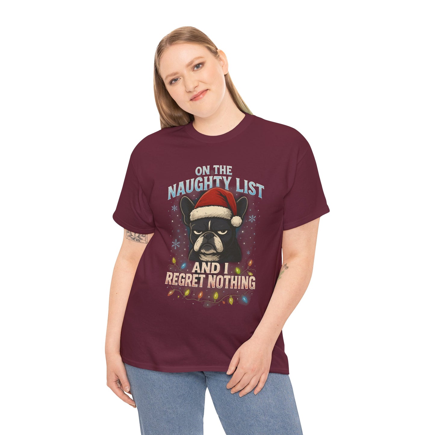 On The Naughty List Frenchie Christmas Shirt | Funny Holiday Dog Lover Tee | Grumpy French Bulldog Xmas Lights T-Shirt | Cute Pet Gift