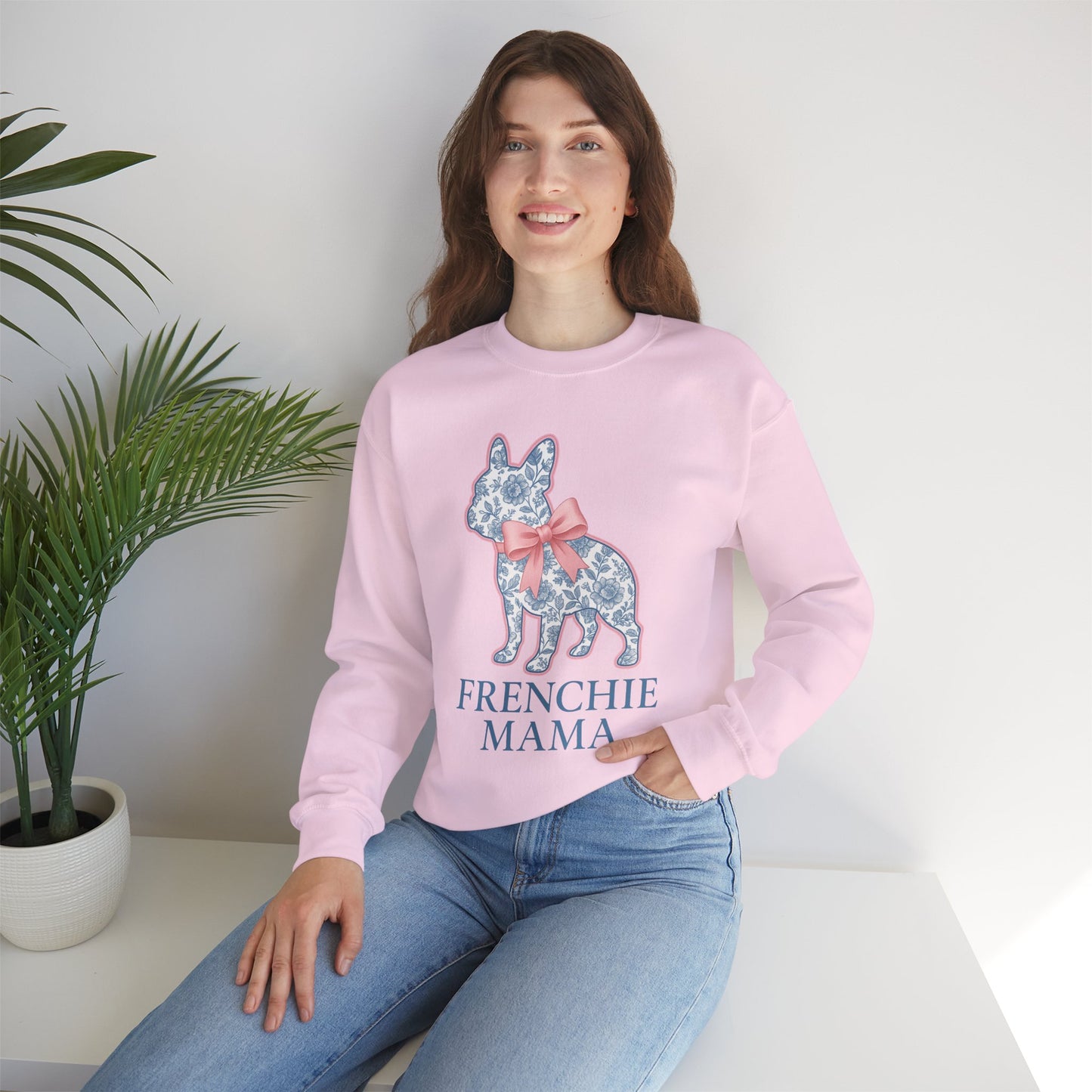 Frenchie Mama Sweatshirt – Blue Floral French Bulldog with Pink Bow, Cute Dog Mom Crewneck, French Bulldog Lover Gift, Cozy Dog Mom Sweater