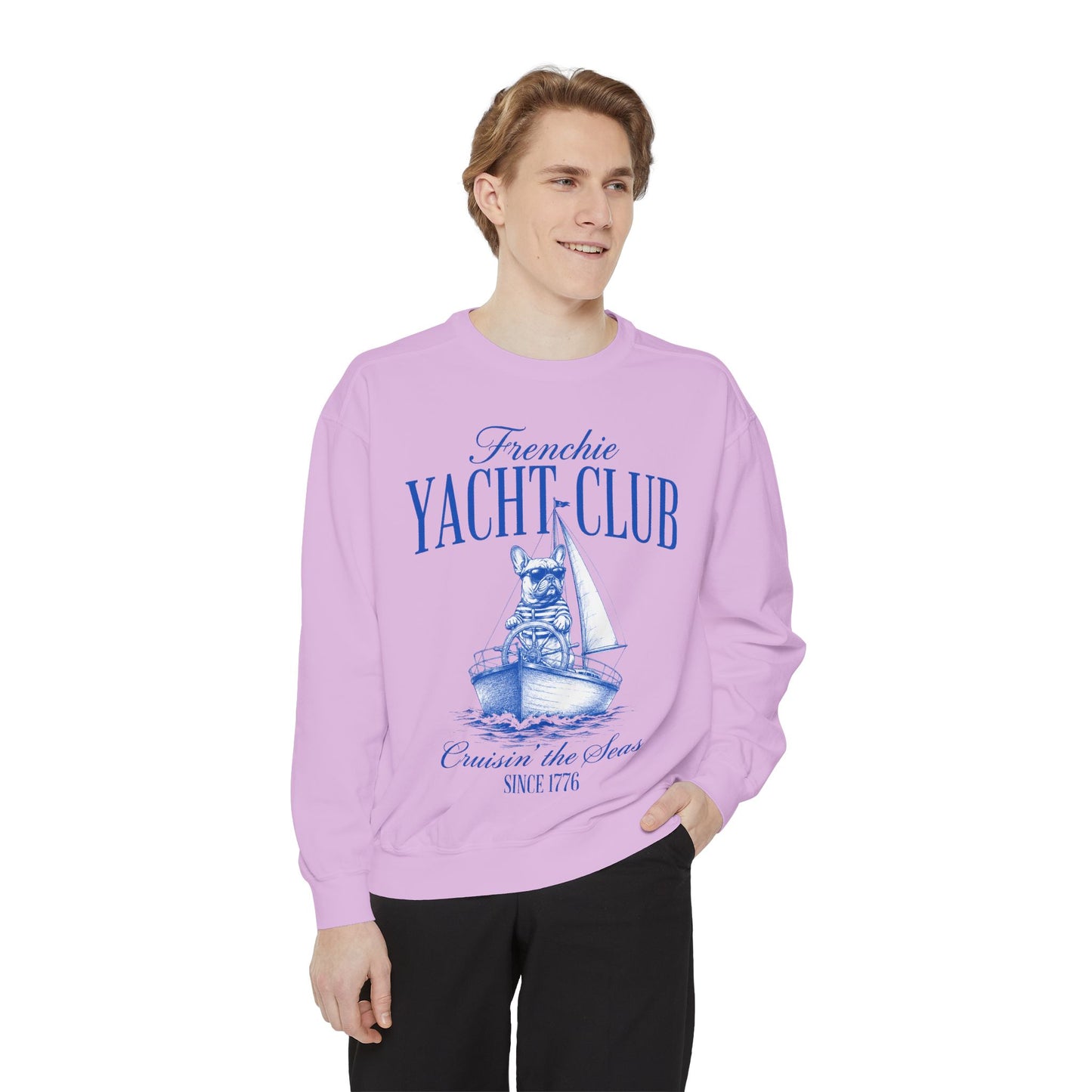Frenchie Yacht Club Sweatshirt, French Bulldog Nautical Crewneck, Coastal Dog Lover Sweatshirt, Sailing Frenchie Pullover, Beach Club French Bulldog Gift, Preppy Yacht Club Sweatshirt