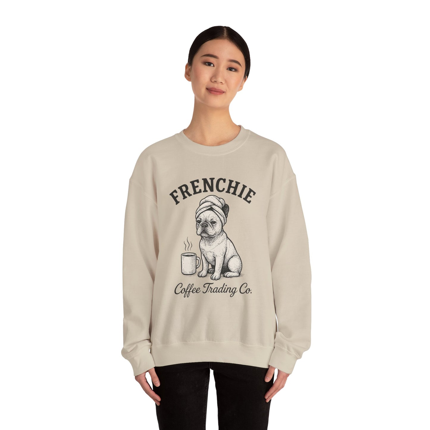Frenchie Coffee Trading Co. Sweatshirt – Cozy French Bulldog Coffee Lover Crewneck, Vintage Café Dog Sweater, Cute Pet Gift