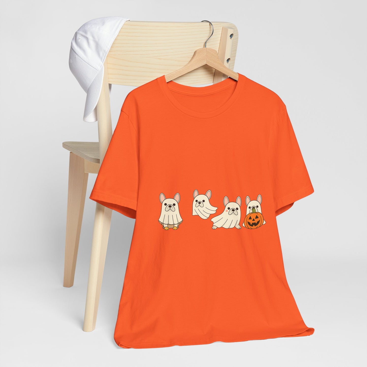 Frenchie Ghost Halloween T-Shirt | Cute French Bulldog Graphic Tee | Funny Dog Lover Spooky Season Shirt | Pumpkin Ghost Frenchie Tee