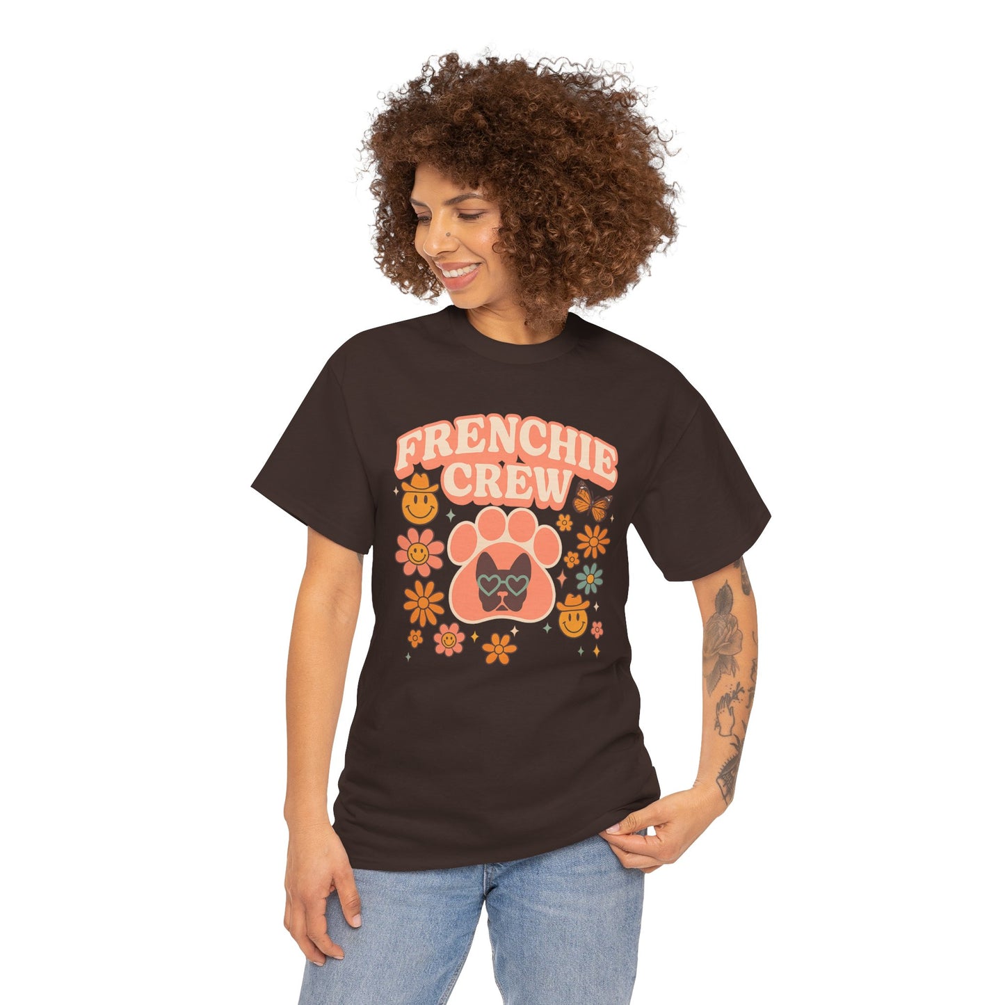 Frenchie Crew T-Shirt | Retro 70s Floral French Bulldog Tee | Groovy Dog Mom Shirt | Frenchie Lover Gift | Vintage Aesthetic Graphic Tee