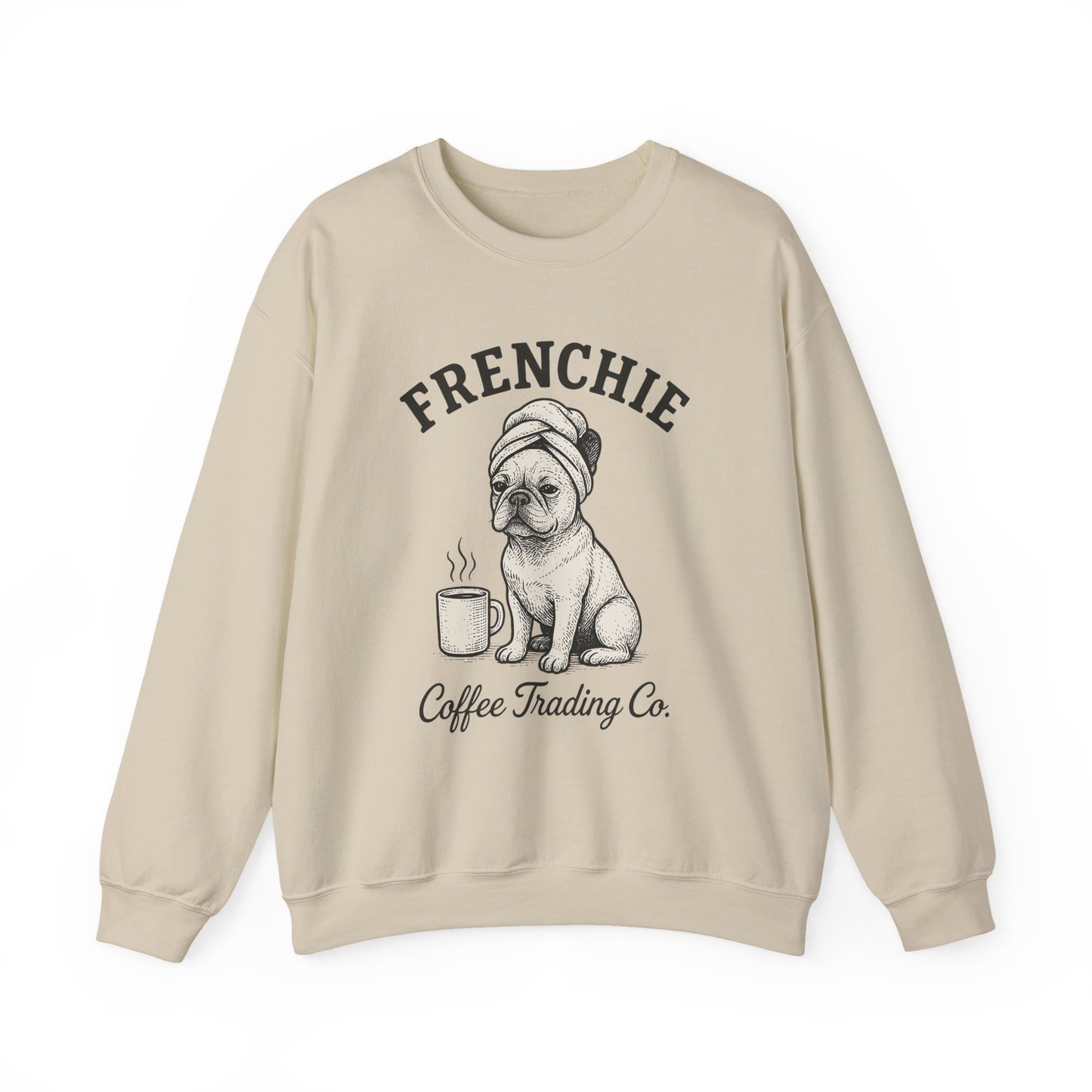 Frenchie Coffee Trading Co. Sweatshirt – Cozy French Bulldog Coffee Lover Crewneck, Vintage Café Dog Sweater, Cute Pet Gift