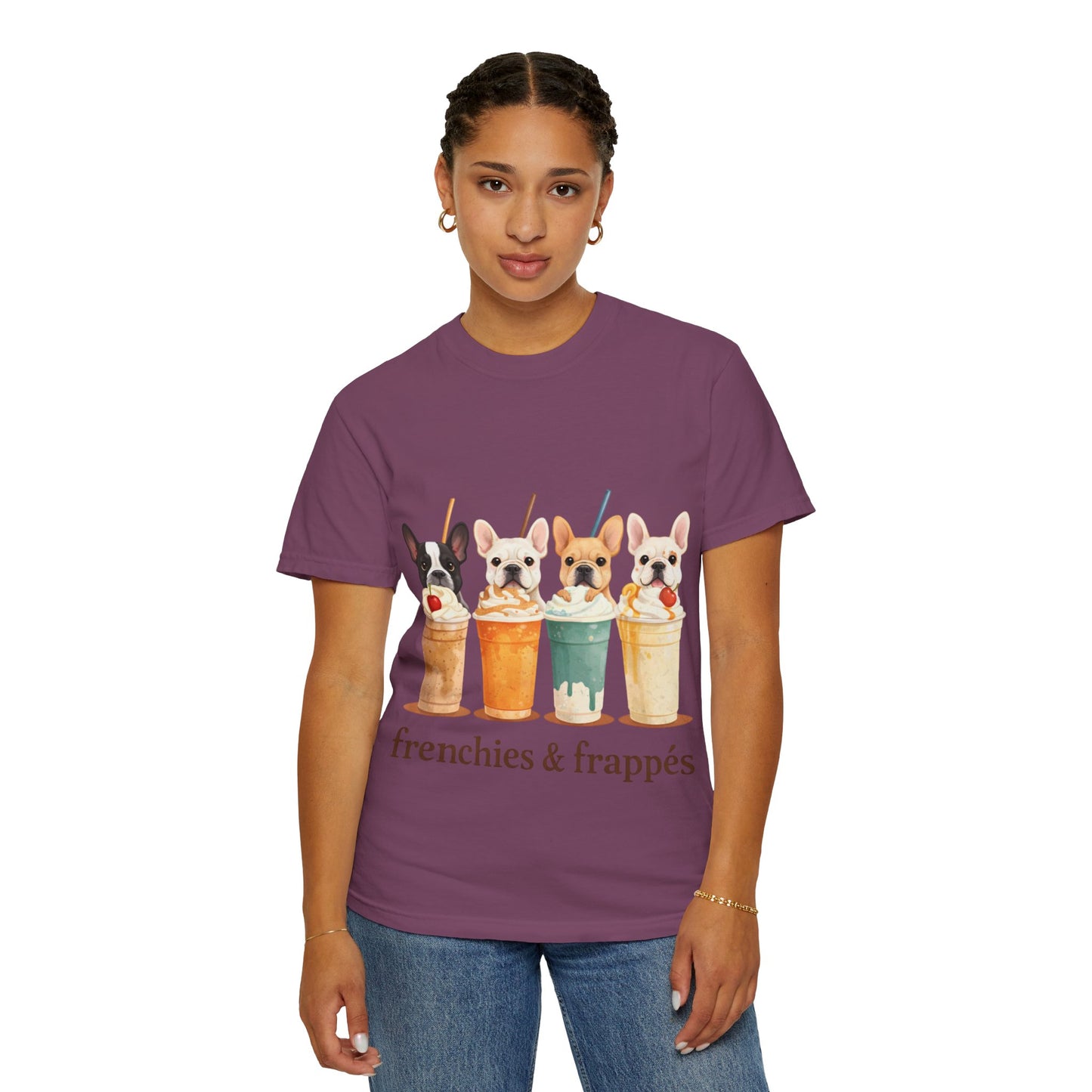 Frenchies & Frappés Shirt, French Bulldog Coffee Shirt, Cute Frenchie Café Tee, Coffee Lover Dog Shirt, Dog Mom Gift, French Bulldog Graphic Tee