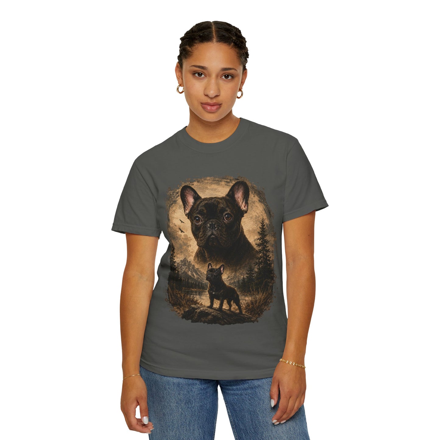 Black French Bulldog Shirt, Vintage Frenchie Nature Tee, Rustic French Bulldog Shirt, Dog Lover Gift, Frenchie Mountain Landscape Tee, Outdoors Dog Shirt, French Bulldog Art