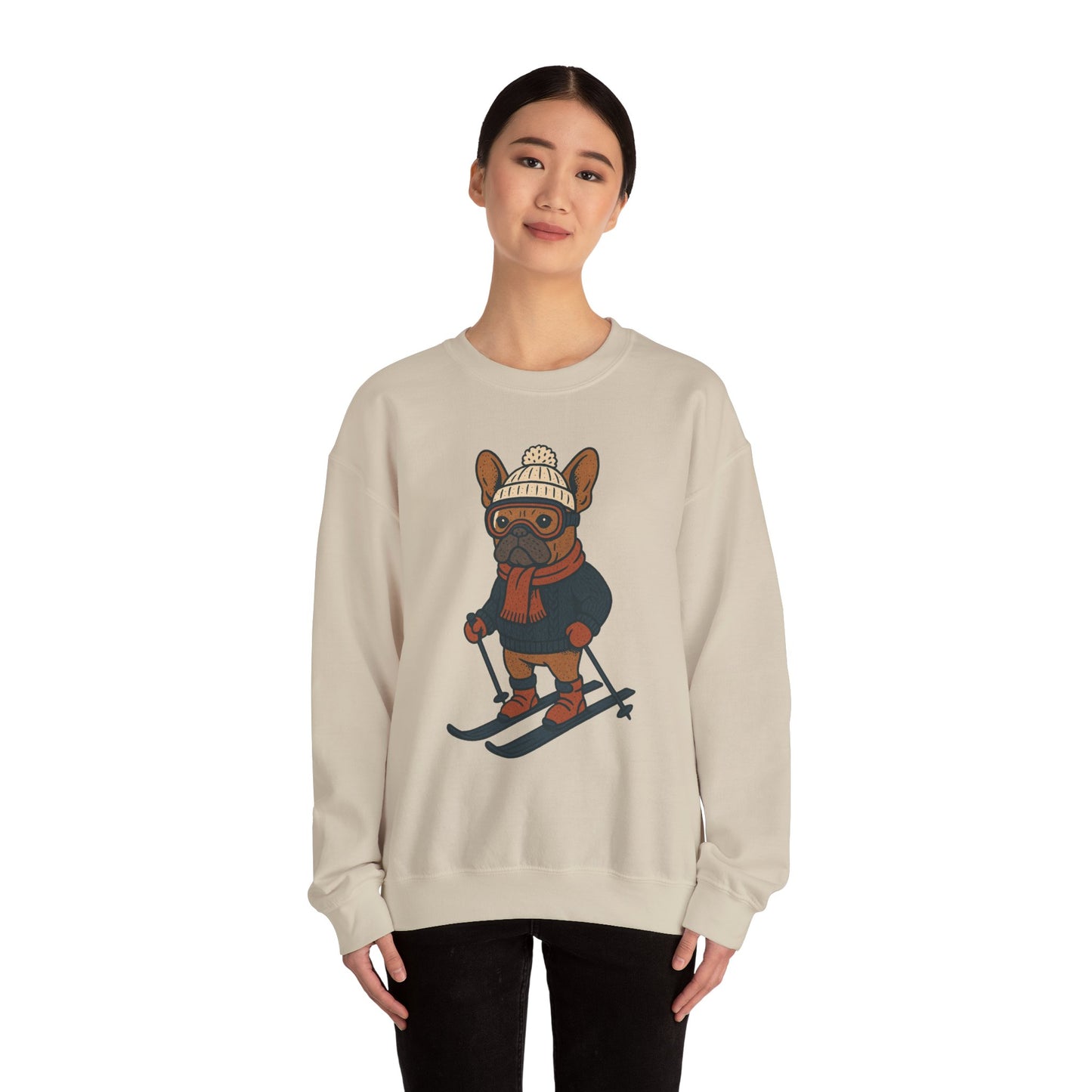 Skiing Frenchie Sweatshirt – Cute Winter French Bulldog Pullover, Cozy Ski Dog Sweater, Funny Dog Lover Gift, Winter Sports Bulldog Crewneck