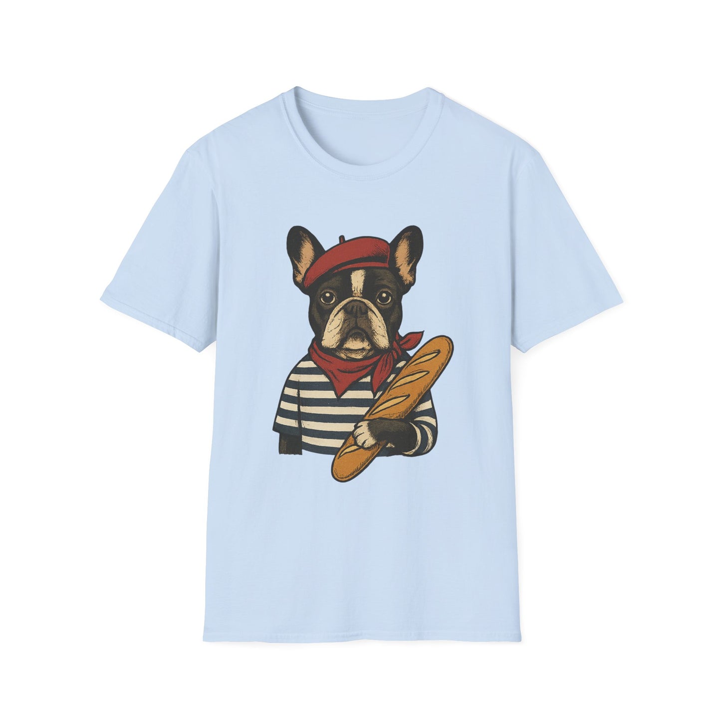 French Bulldog Parisian T-Shirt – Cute Frenchie in Beret & Stripes with Baguette – Funny Dog Lover Tee, French Style Dog Shirt, Gift for Frenchie Moms
