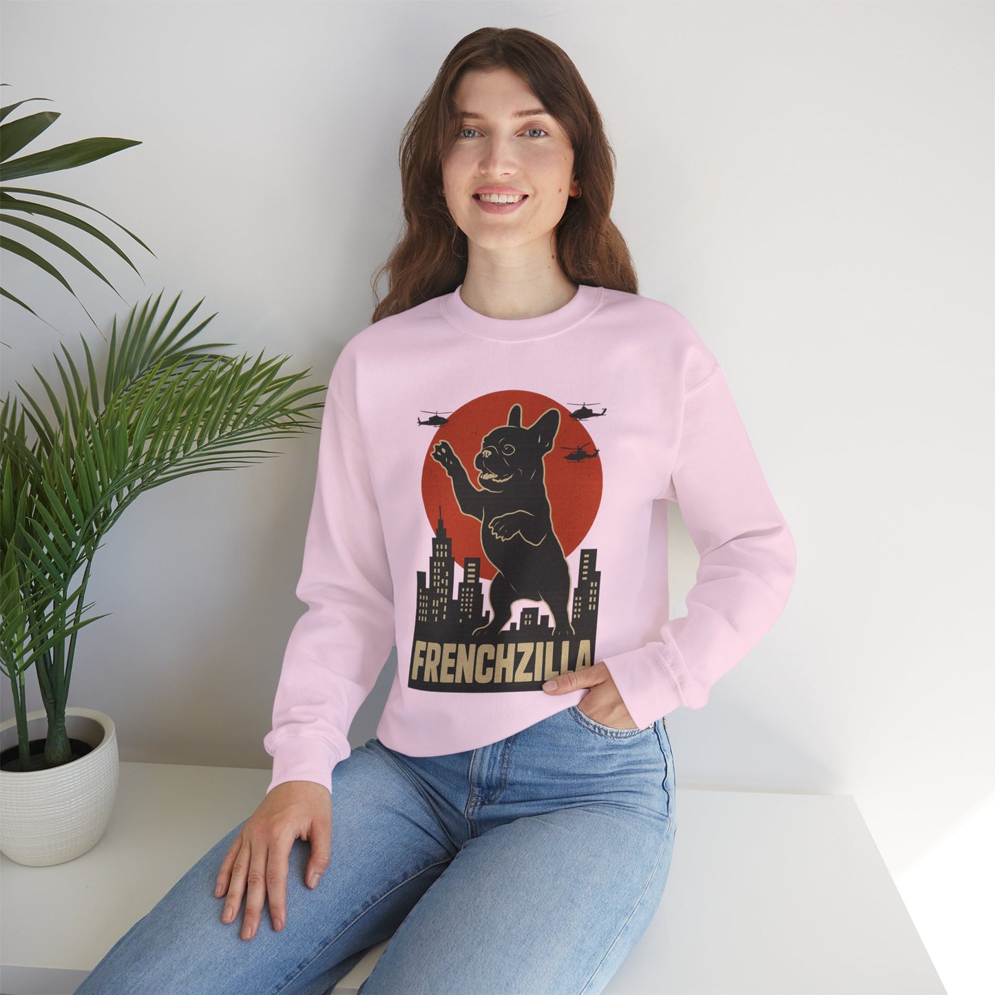 French Bulldogzilla Sweatshirt | Godzilla Inspired French Bulldog Graphic Tee | Retro Japanese Movie Style Dog Lover Shirt | Funny Frenchie Gift