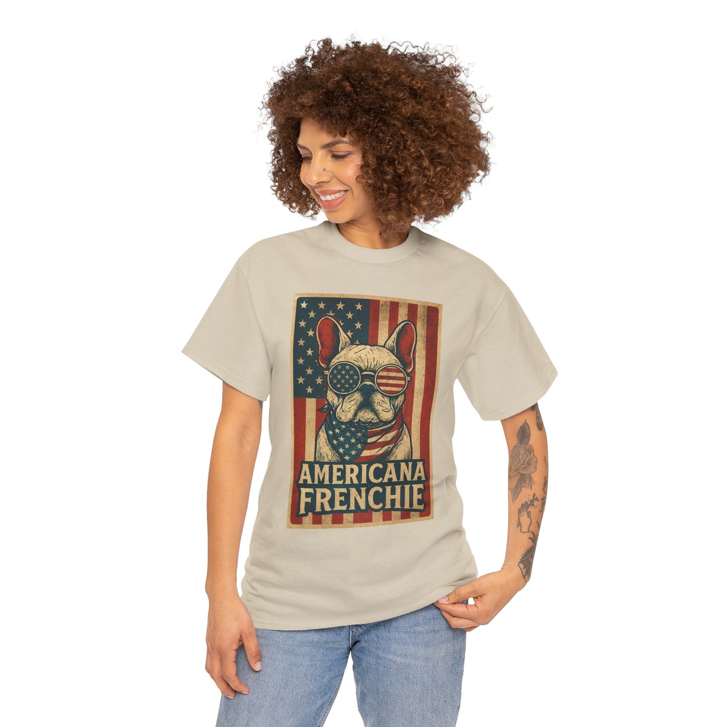 Americana Frenchie T-Shirt – Patriotic French Bulldog Tee, USA Flag Dog Shirt, 4th of July Frenchie Gift, Vintage Retro Style