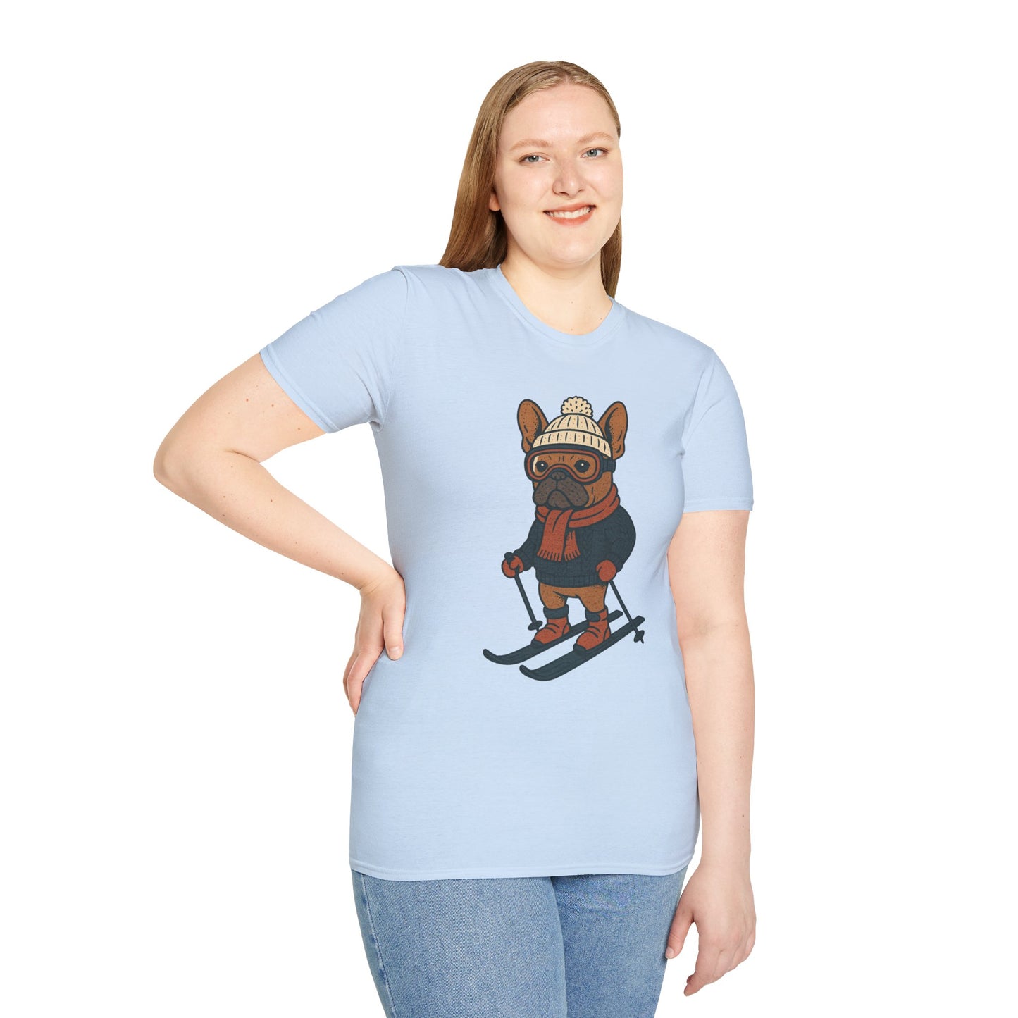 French Bulldog Skiing T-Shirt, Winter Frenchie Shirt, Ski Dog Graphic Tee, Cute Snow Dog Gift, Funny Frenchie Lover Shirt, Skiing Pup Tee