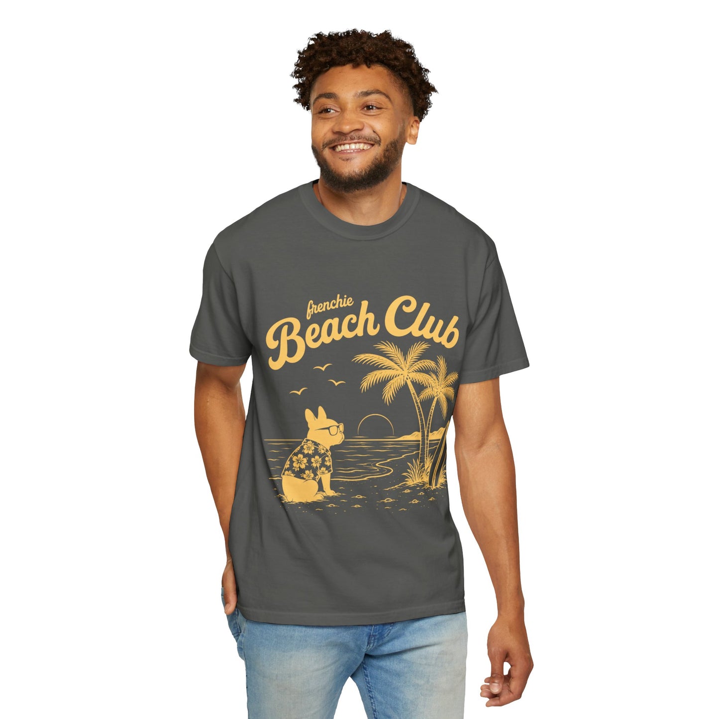 Frenchie Beach Club T-Shirt — Cute French Bulldog Surfing Palm Beach Tee