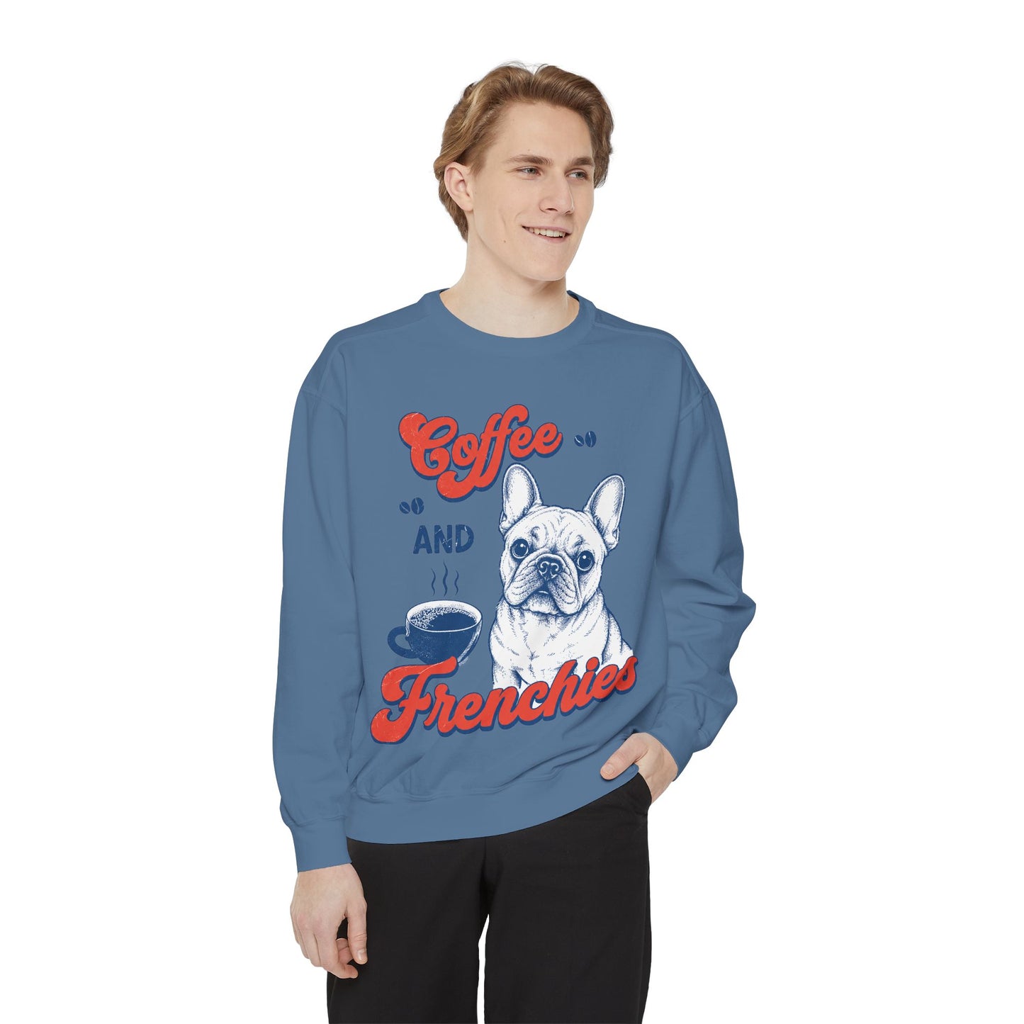 Coffee and Frenchies Sweatshirt, French Bulldog Coffee Crewneck, Frenchie Lover Pullover, Dog Mom Sweatshirt, Coffee Lover Gift, Cozy French Bulldog Sweatshirt