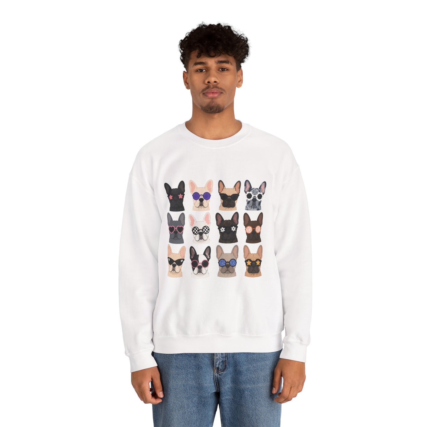 French Bulldog Faces Crewneck Sweatshirt – Cute Sunglasses Dogs Graphic