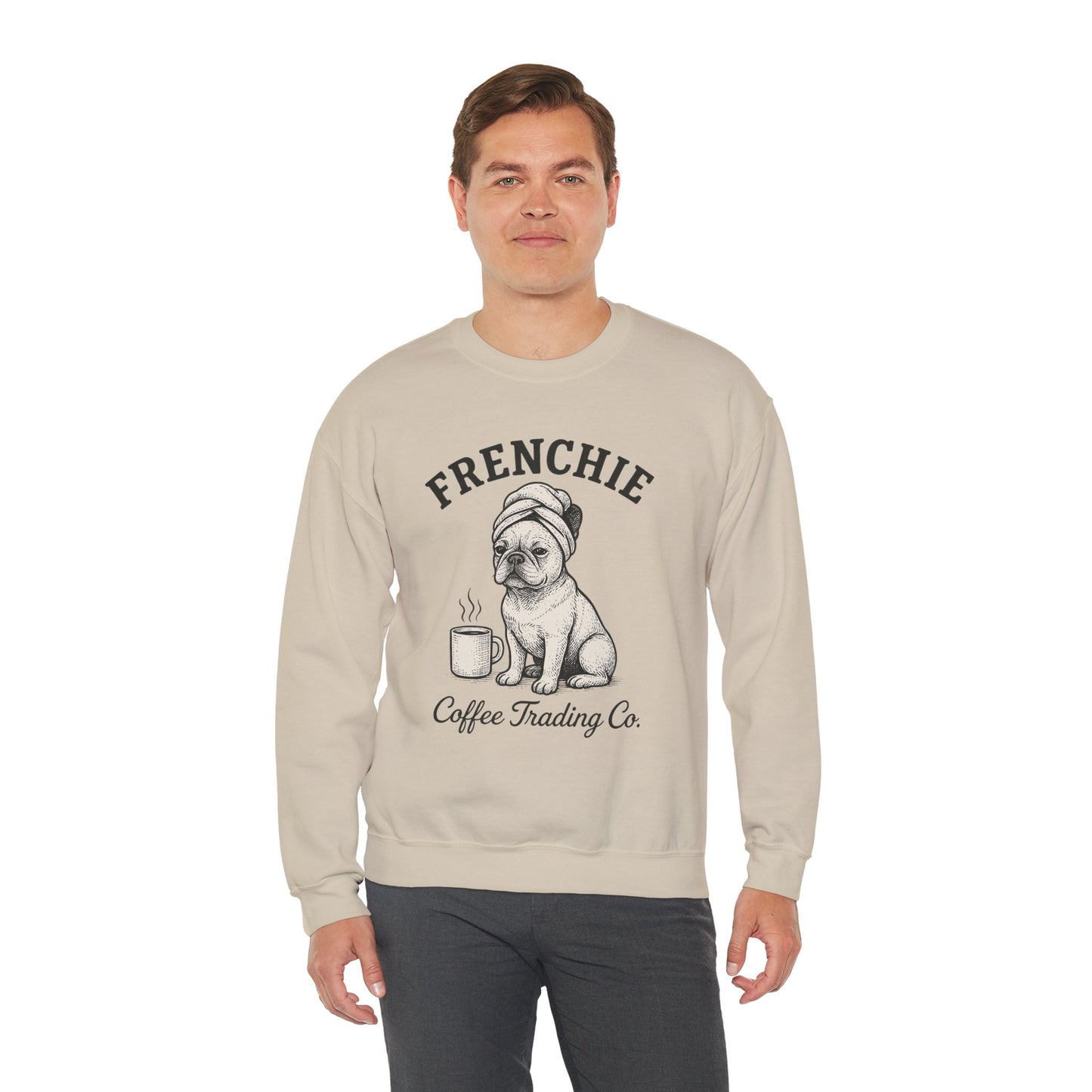 Frenchie Coffee Trading Co. Sweatshirt – Cozy French Bulldog Coffee Lover Crewneck, Vintage Café Dog Sweater, Cute Pet Gift