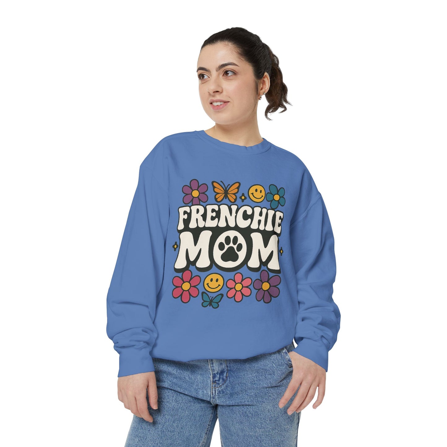 Frenchie Mom Sweatshirt | Retro Groovy Dog Lover Pullover | Smiley Flower French Bulldog Crewneck | Cute Colorful Dog Mom Sweater