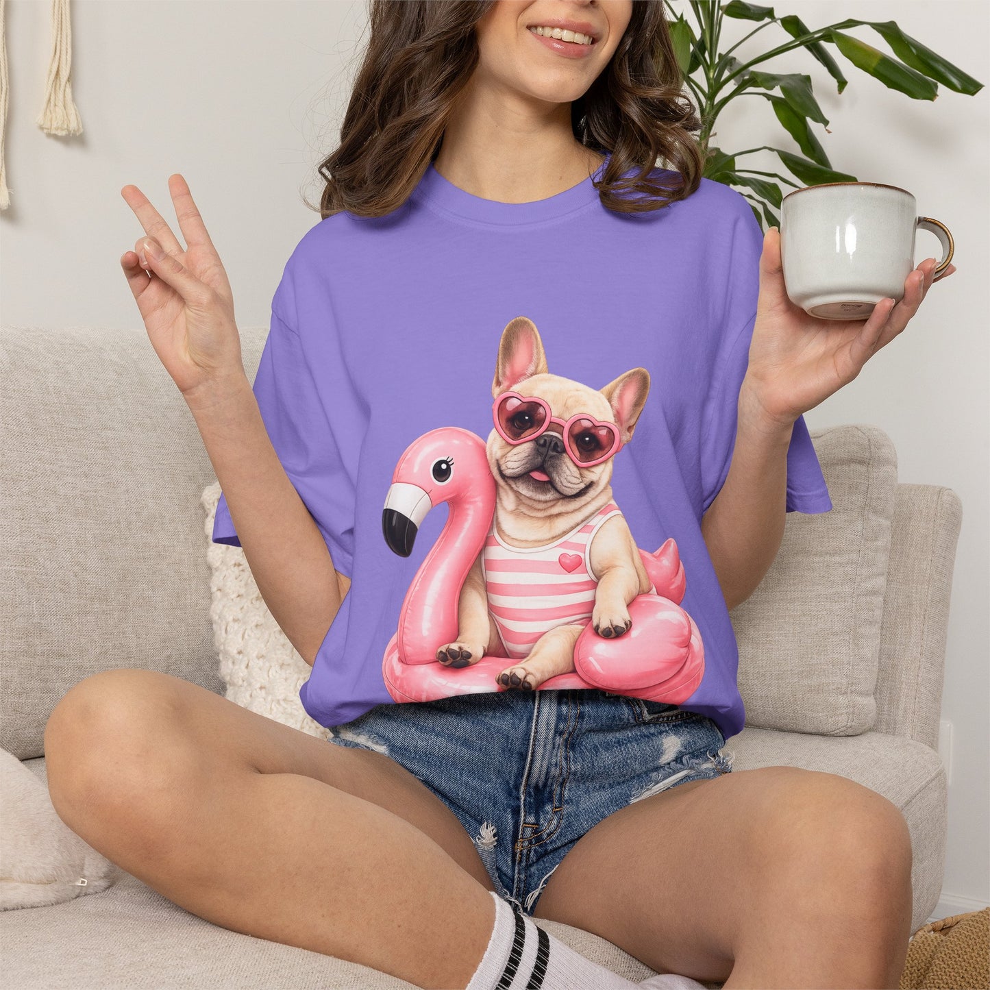 French Bulldog on Pink Flamingo Float T-Shirt — Cute Summer Dog Tee